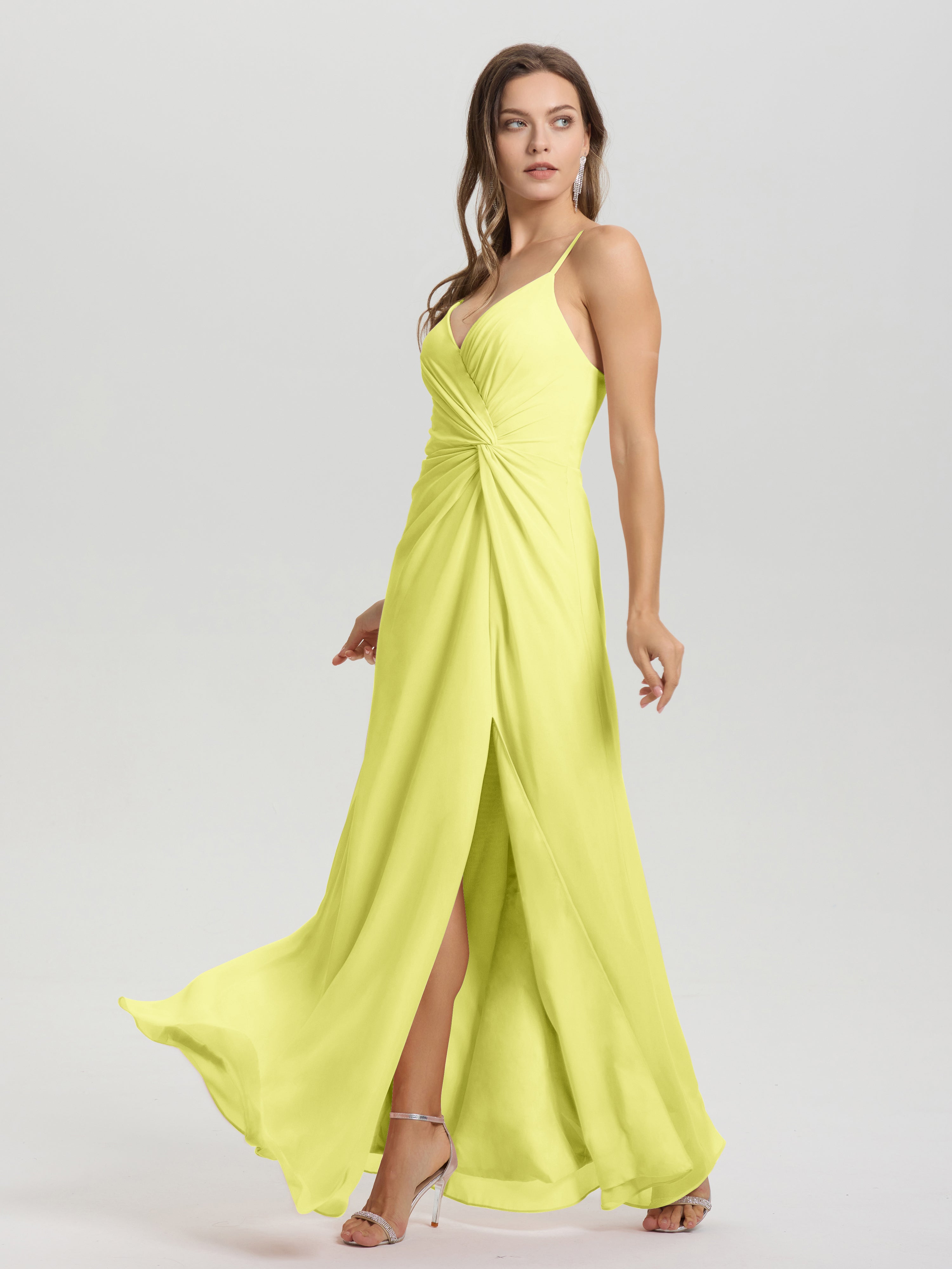 Robes De Demoiselle D'Honneur Jonquille Col V Fendue Trapèze Mousseline Robe Demoiselle D'Honneur Avec Plisée Devant