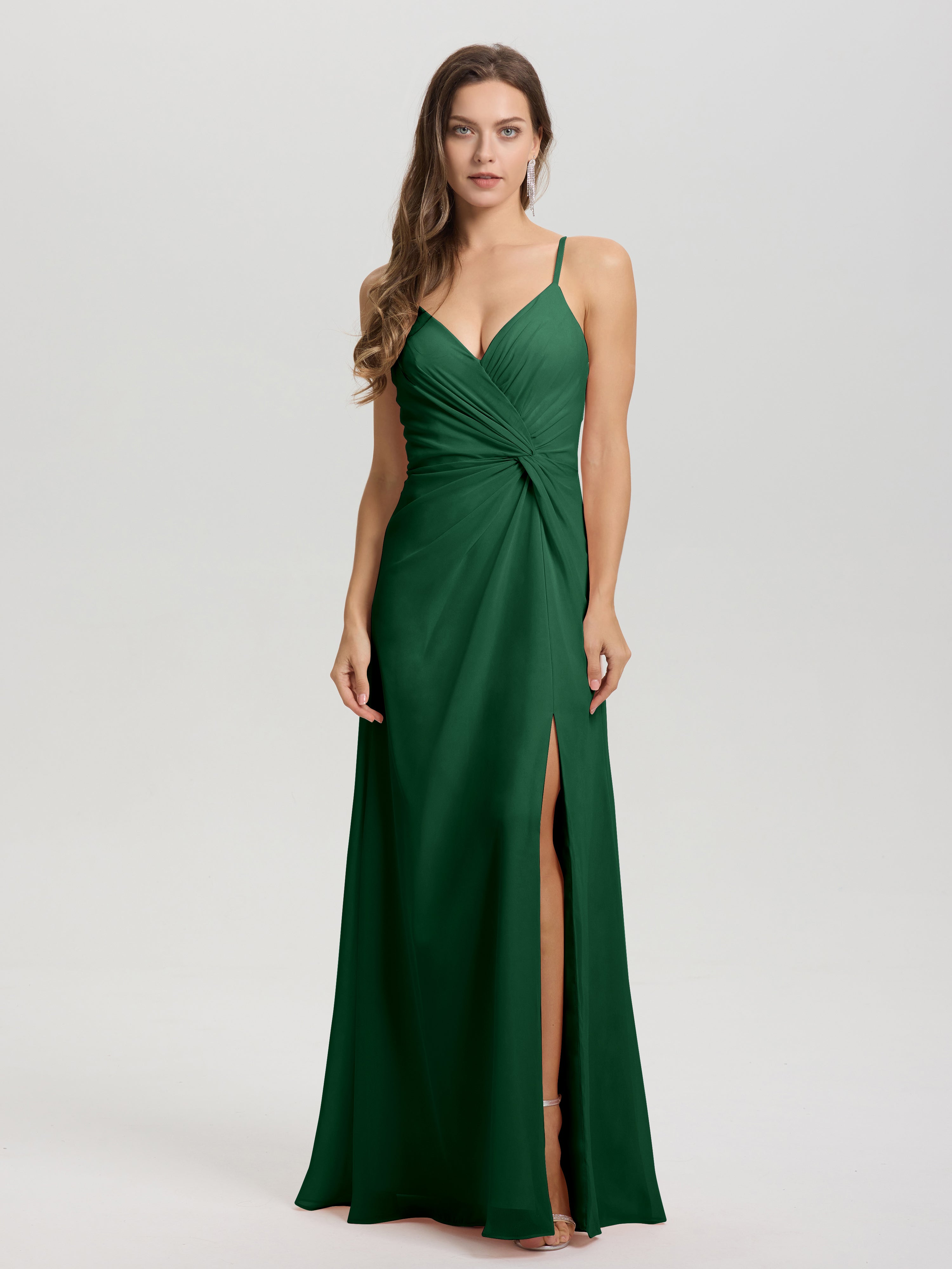 Robes De Demoiselle D'Honneur Vert Foncé Col V Fendue Trapèze Mousseline Robe Demoiselle D'Honneur Avec Plisée Devant