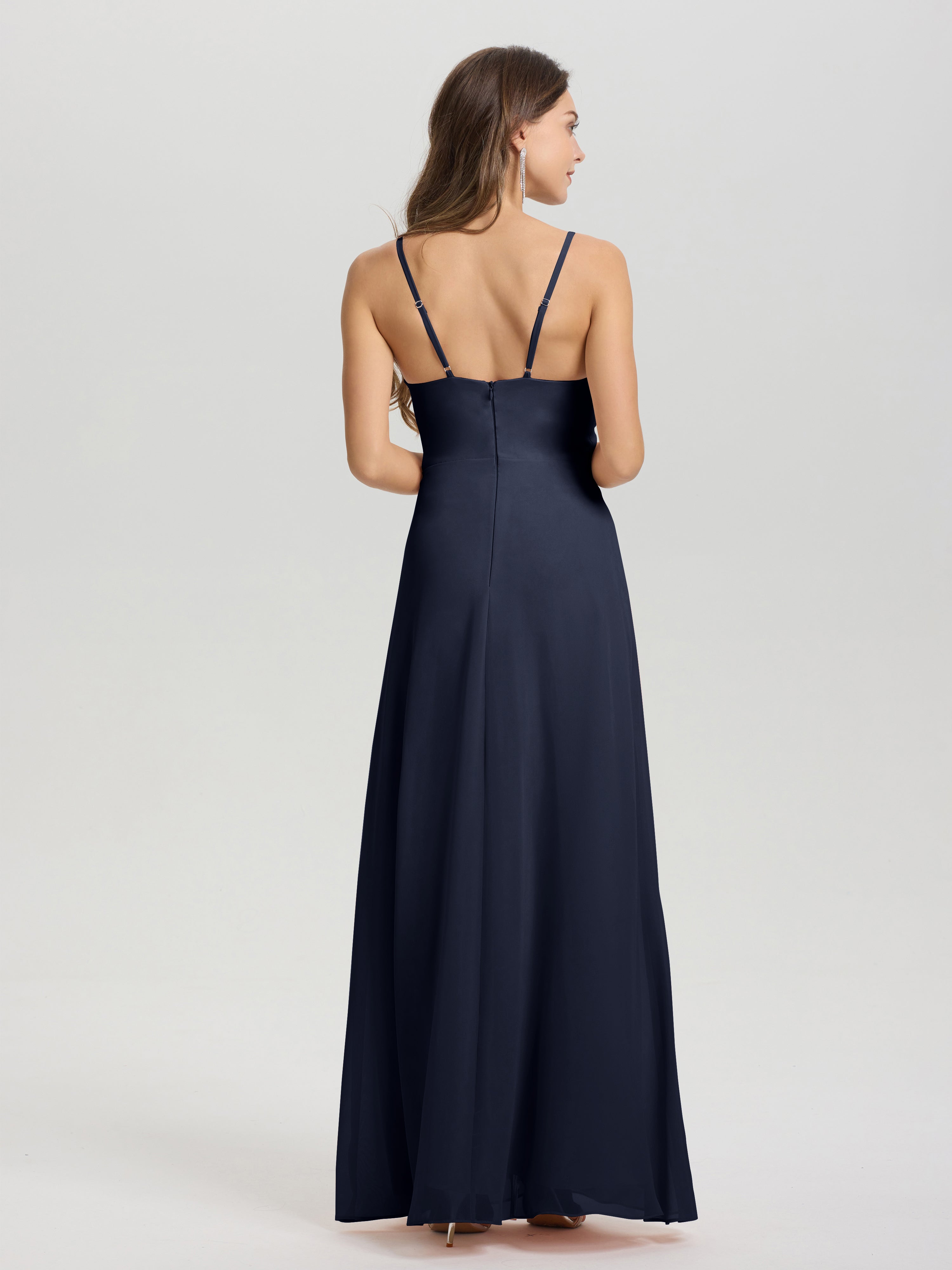 Demoiselle D Honneur Bleu Marine Col V Fendue Trapèze Mousseline Robe Demoiselle D'Honneur Avec Plisée Devant