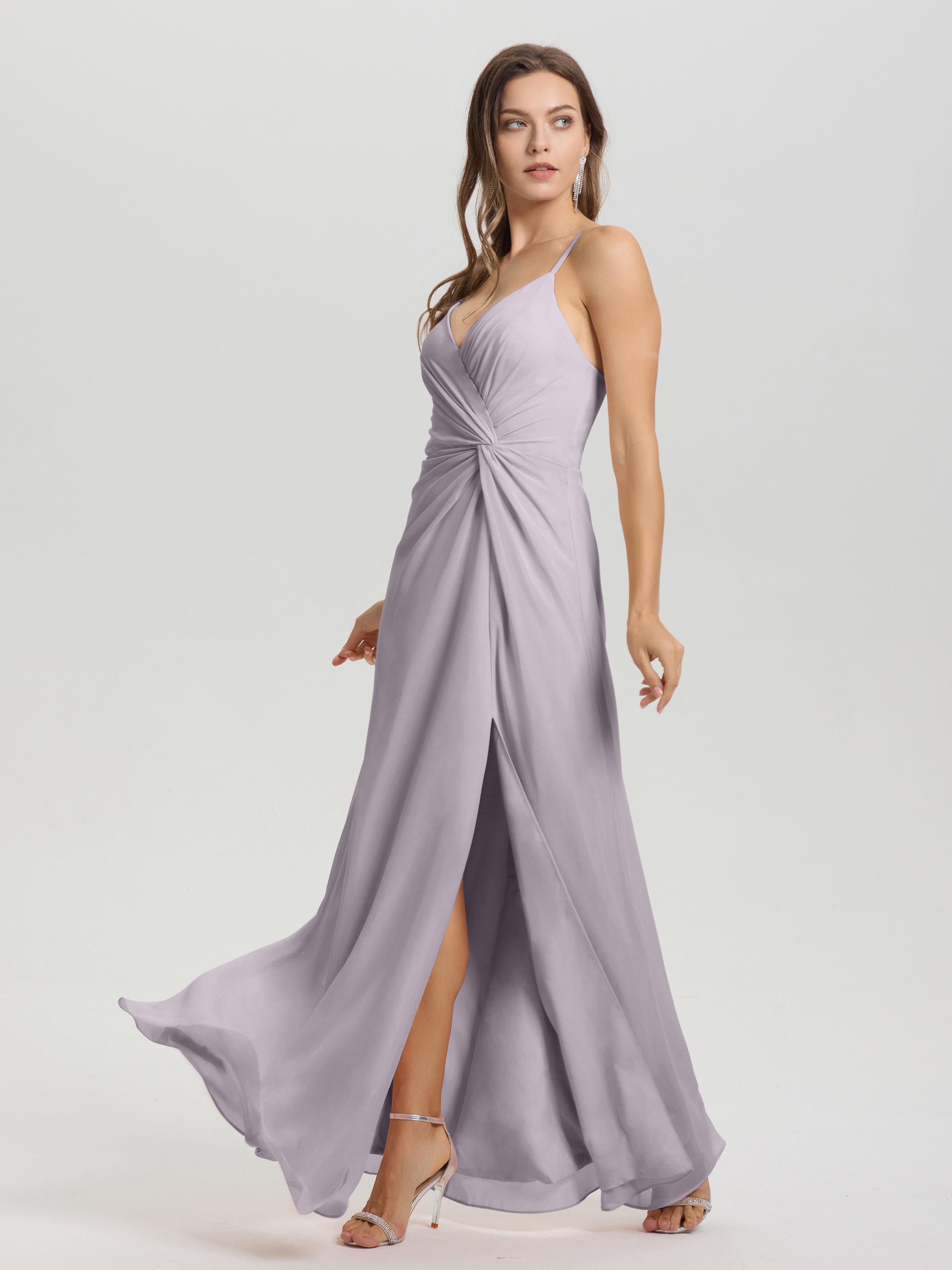 Robes De Demoiselle D'Honneur Crépuscule Col V Fendue Trapèze Mousseline Robe Demoiselle D'Honneur Avec Plisée Devant