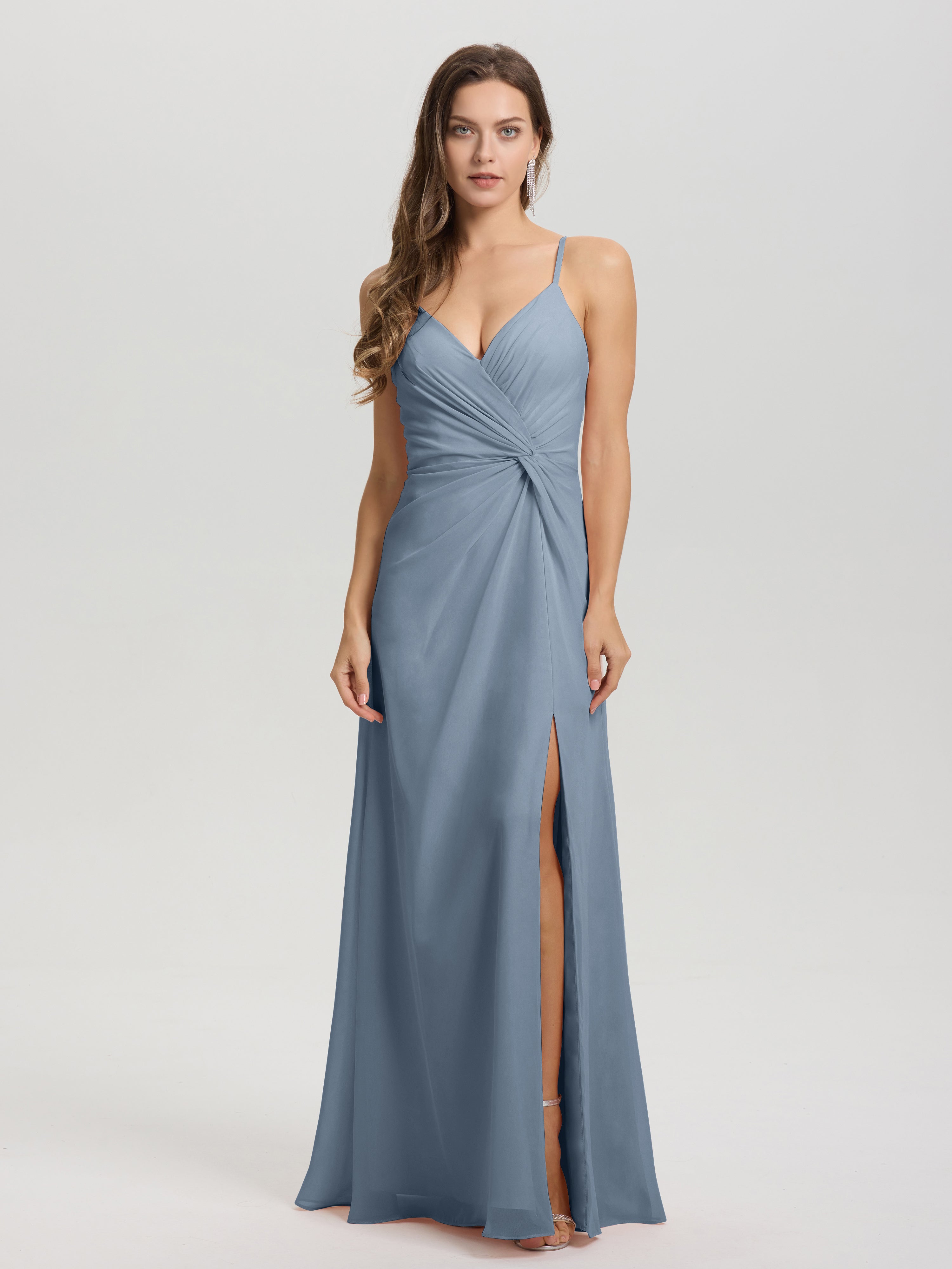 Robes De Demoiselle D'Honneur Bleu Poudre Col V Fendue Trapèze Mousseline Robe Demoiselle D'Honneur Avec Plisée Devant