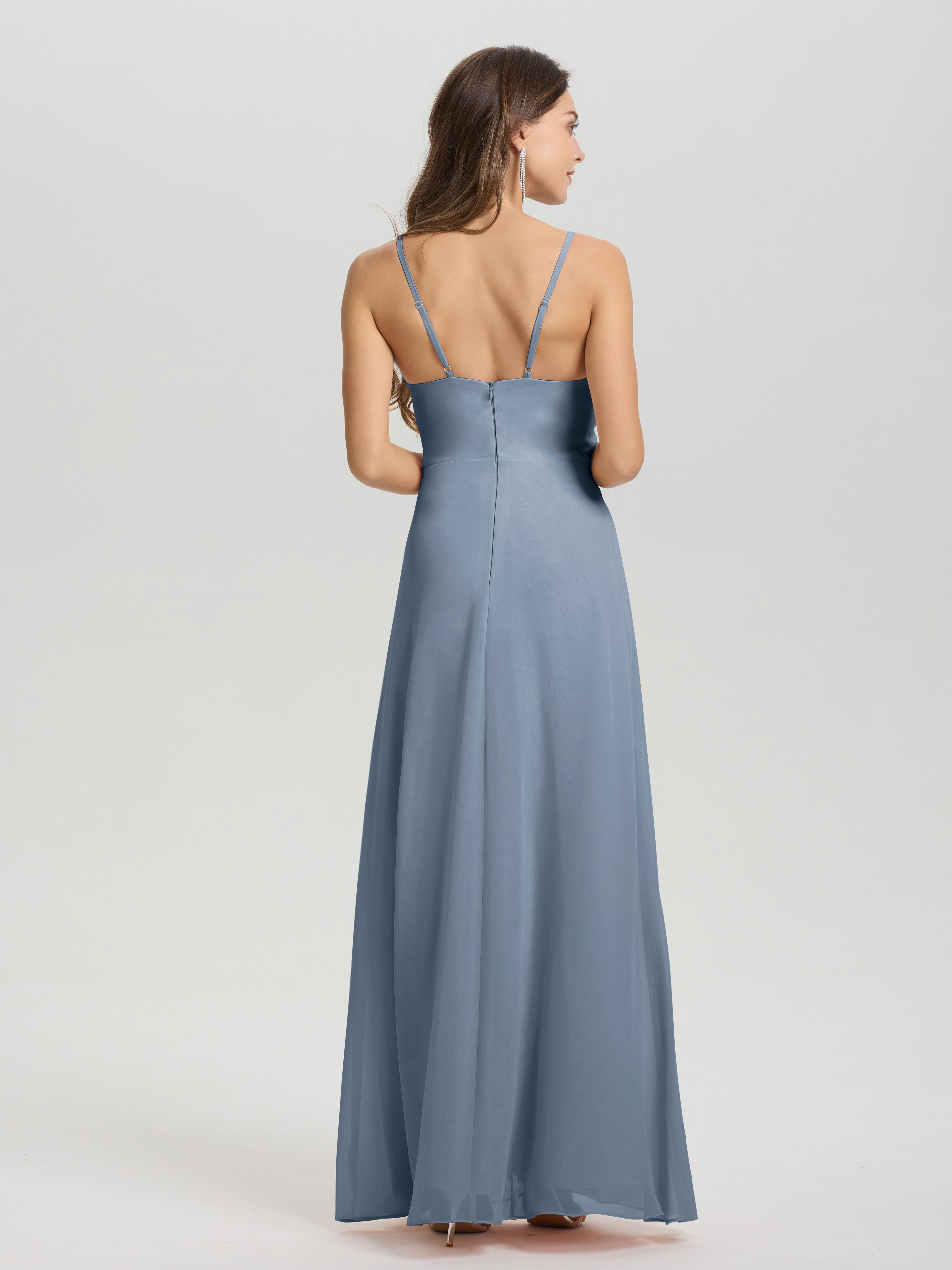 Robes De Demoiselle D'Honneur Bleu Poudre Col V Fendue Trapèze Mousseline Robe Demoiselle D'Honneur Avec Plisée Devant