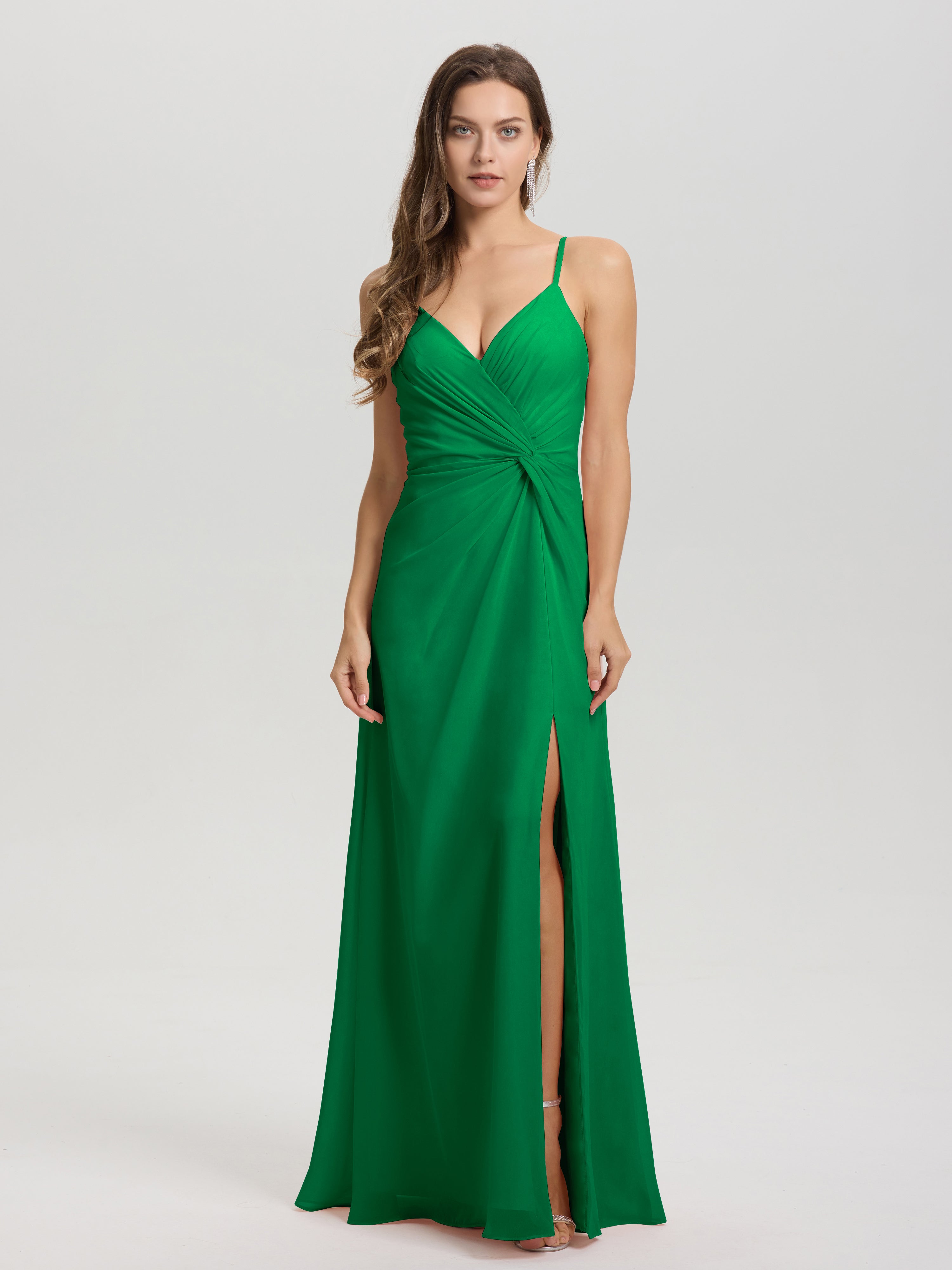 Robes De Demoiselle D'Honneur Émeraude Col V Fendue Trapèze Mousseline Robe Demoiselle D'Honneur Avec Plisée Devant