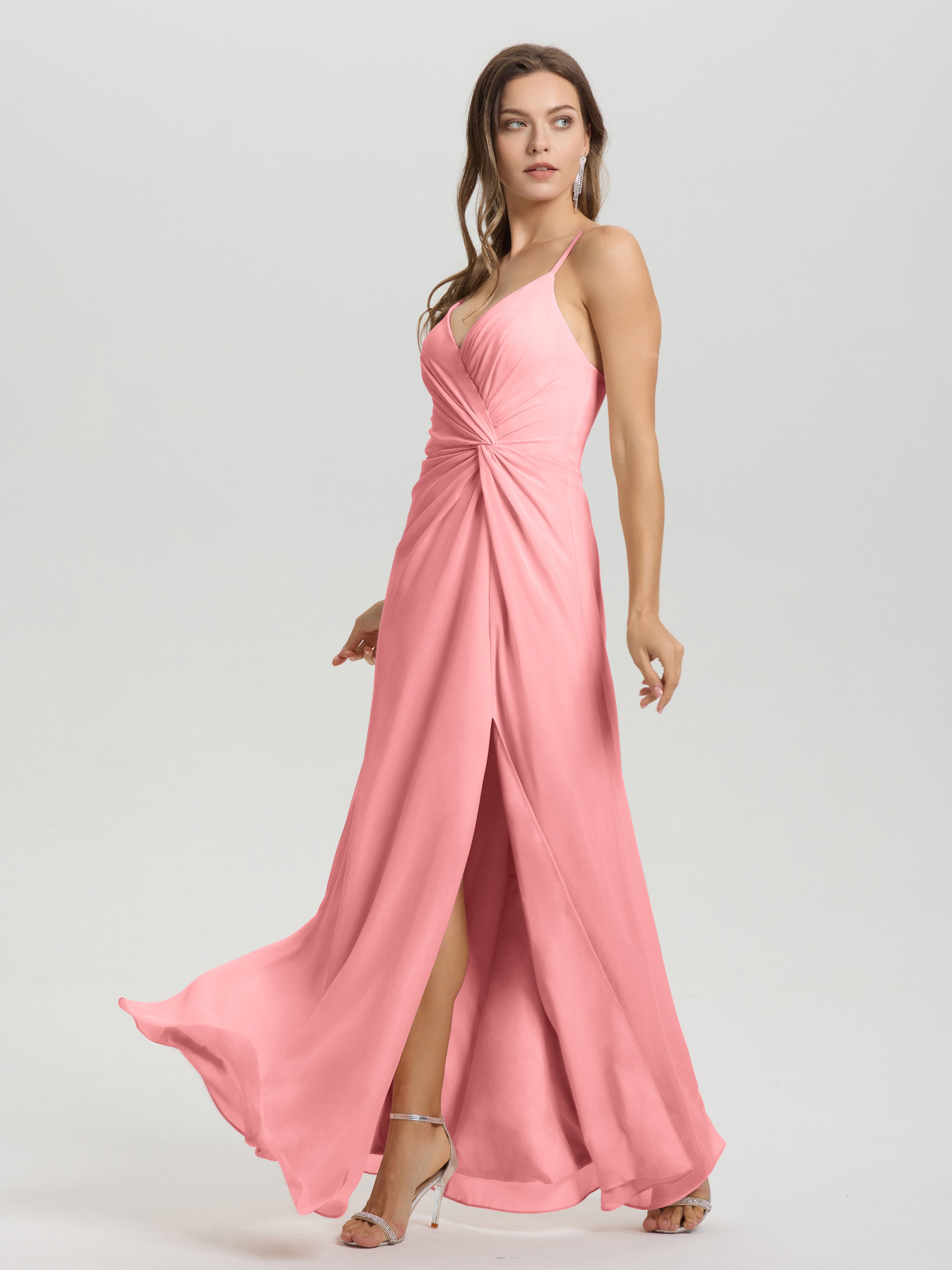 Robes De Demoiselle D'Honneur En Flamant Col V Fendue Trapèze Mousseline Robe Demoiselle D'Honneur Avec Plisée Devant