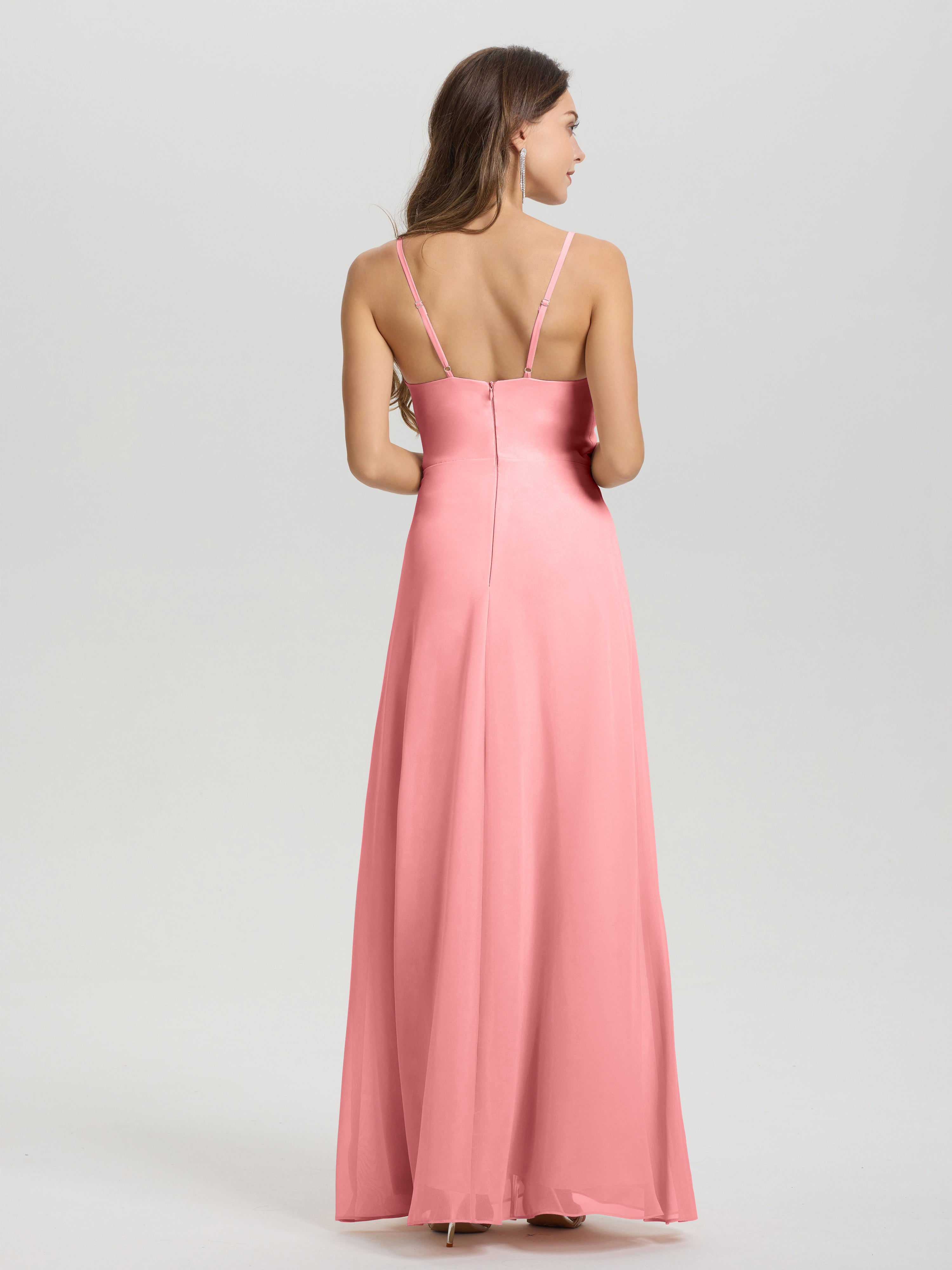 Robes De Demoiselle D'Honneur En Flamant Col V Fendue Trapèze Mousseline Robe Demoiselle D'Honneur Avec Plisée Devant