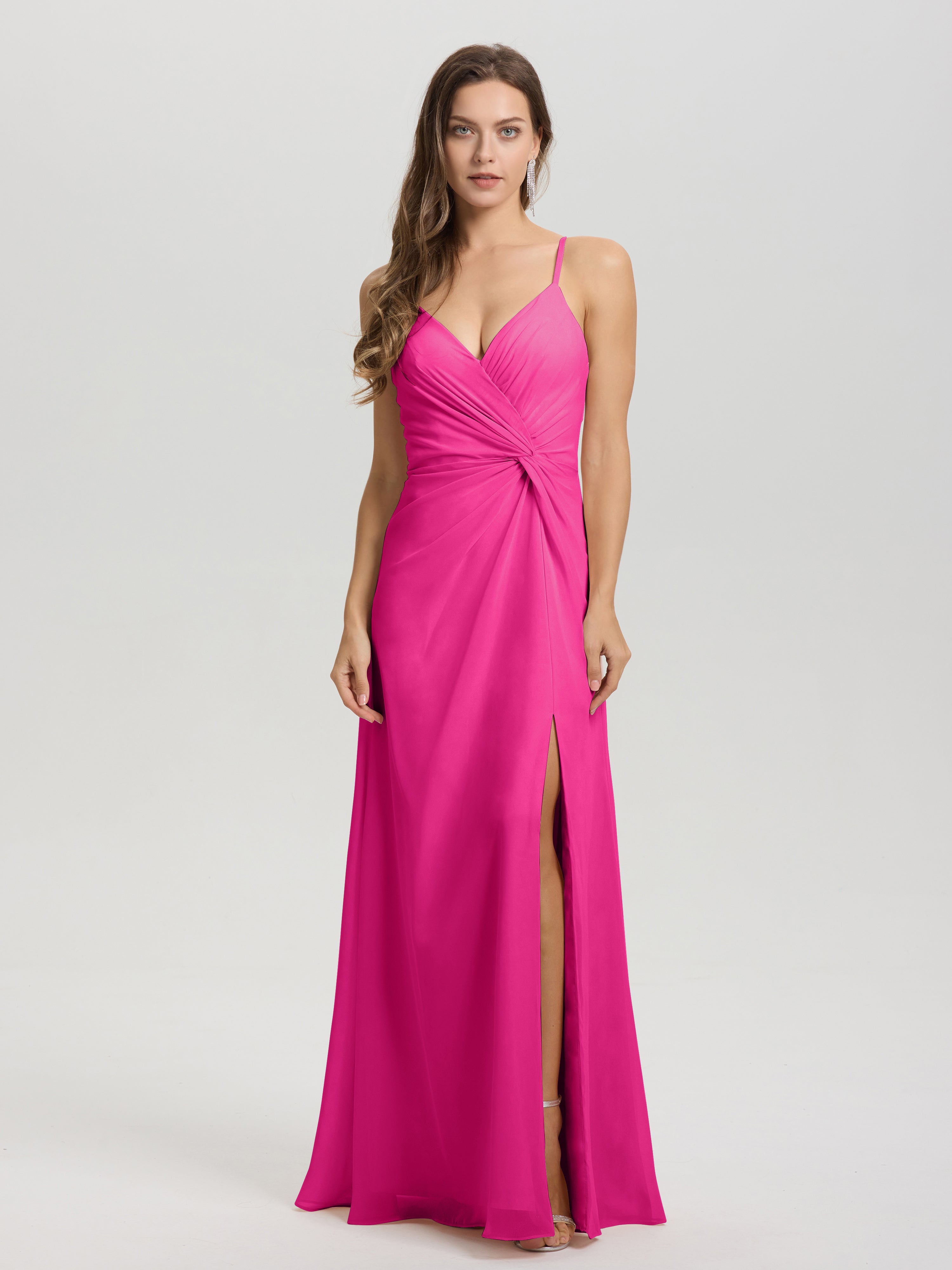 Robe Fuchsia Demoiselle D Honneur Col V Fendue Trapèze Mousseline Robe Demoiselle D'Honneur Avec Plisée Devant