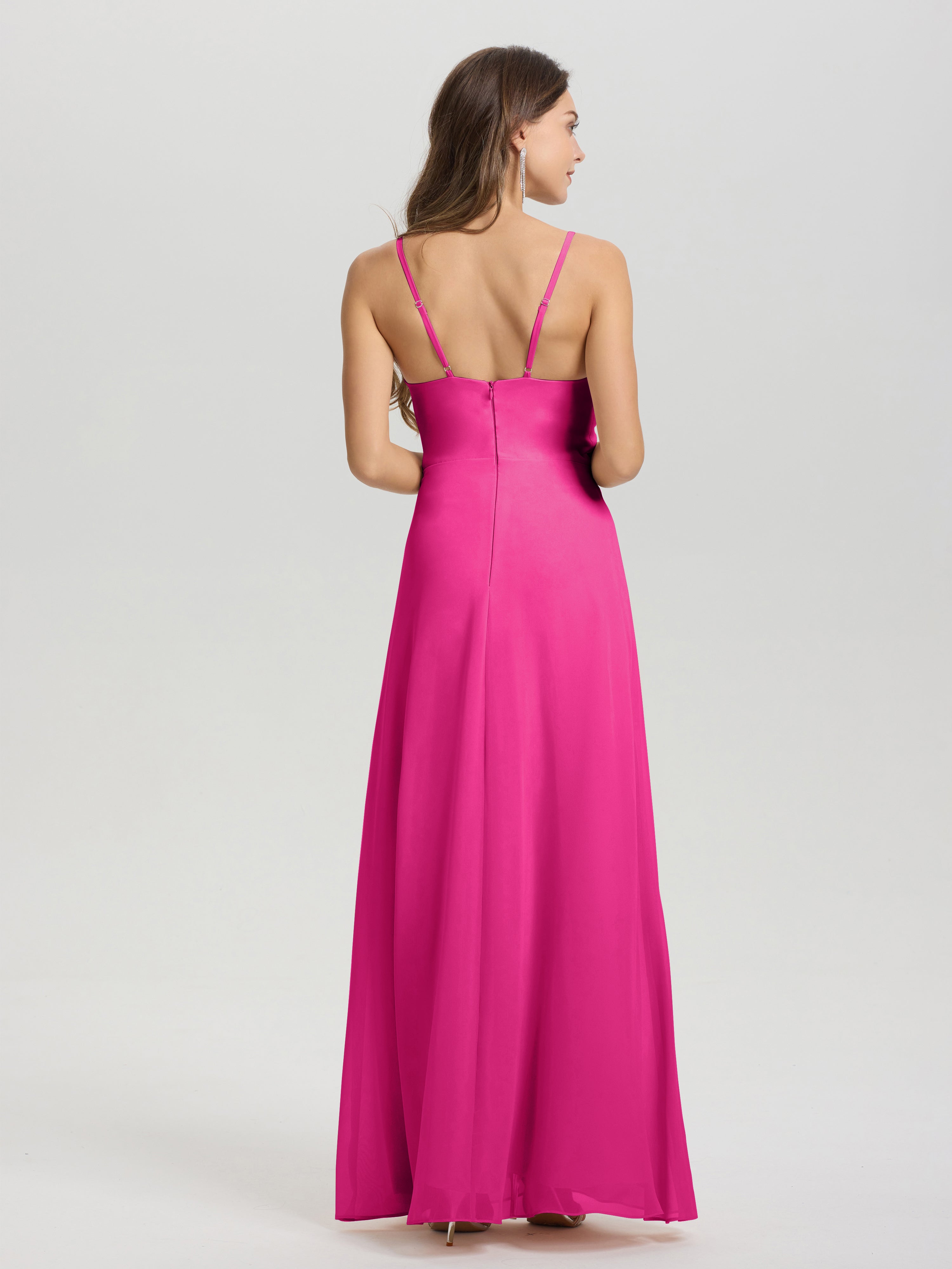 Robe Fuchsia Demoiselle D Honneur Col V Fendue Trapèze Mousseline Robe Demoiselle D'Honneur Avec Plisée Devant