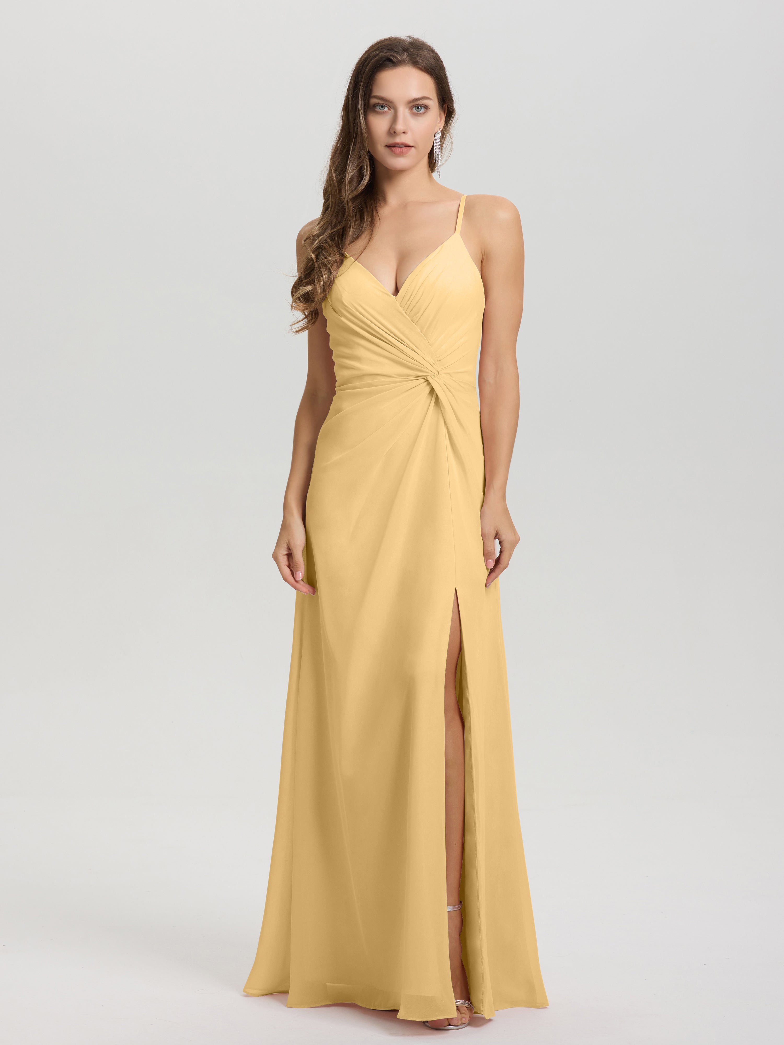 Robe Demoiselle D Honneur Dore Col V Fendue Trapèze Mousseline Robe Demoiselle D'Honneur Avec Plisée Devant