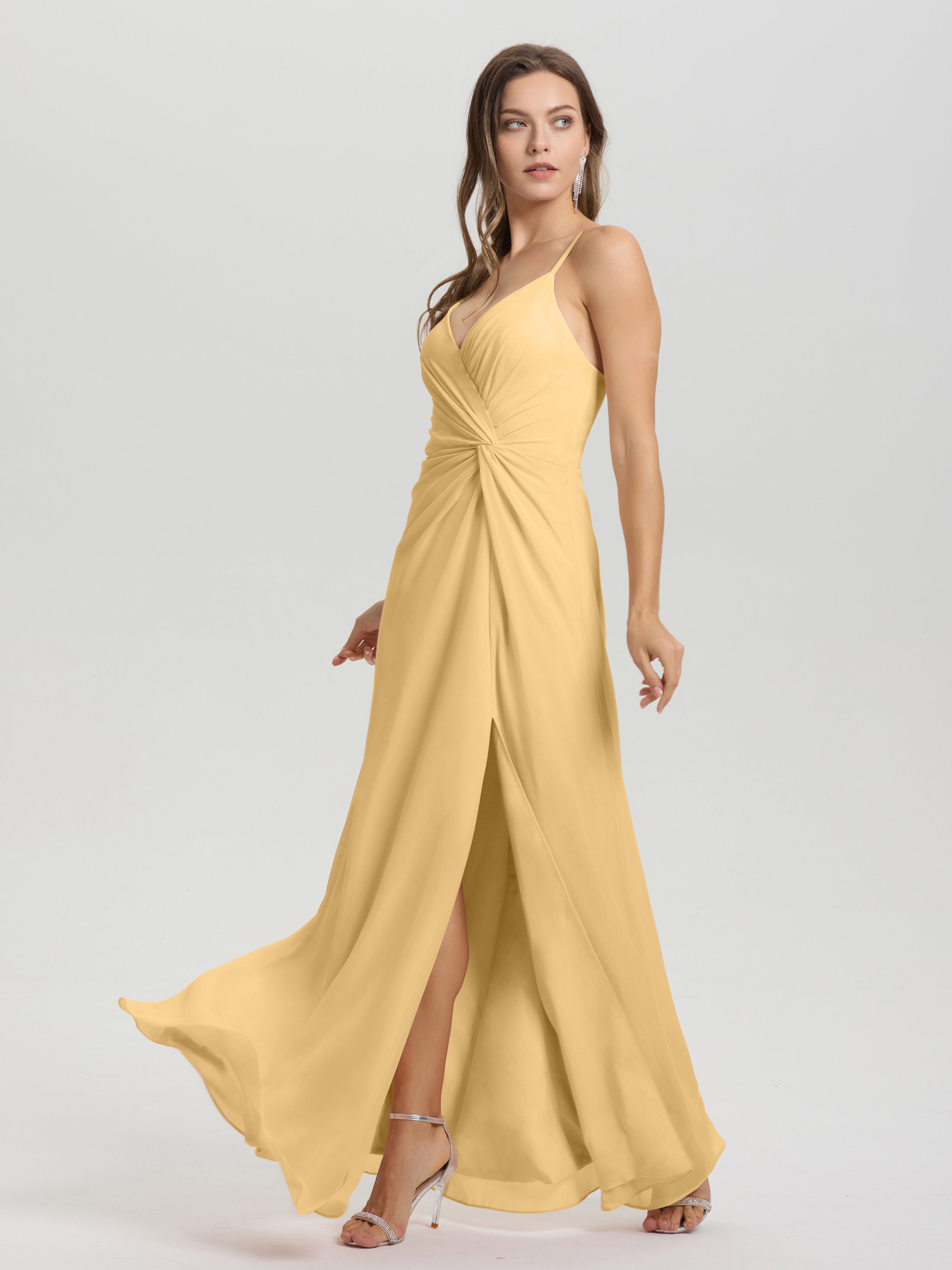 Robe Demoiselle D Honneur Dore Col V Fendue Trapèze Mousseline Robe Demoiselle D'Honneur Avec Plisée Devant