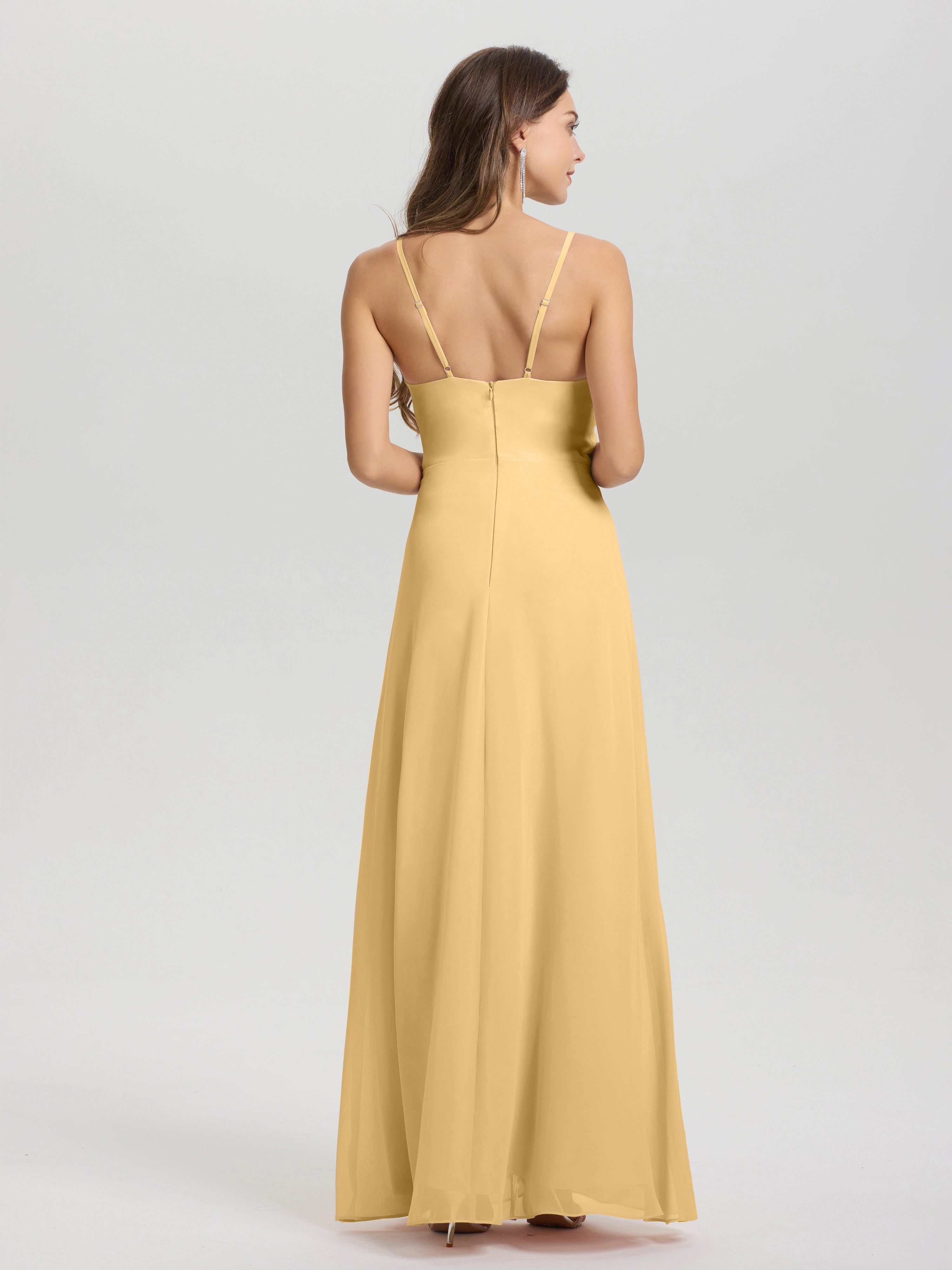 Robe Demoiselle D Honneur Dore Col V Fendue Trapèze Mousseline Robe Demoiselle D'Honneur Avec Plisée Devant