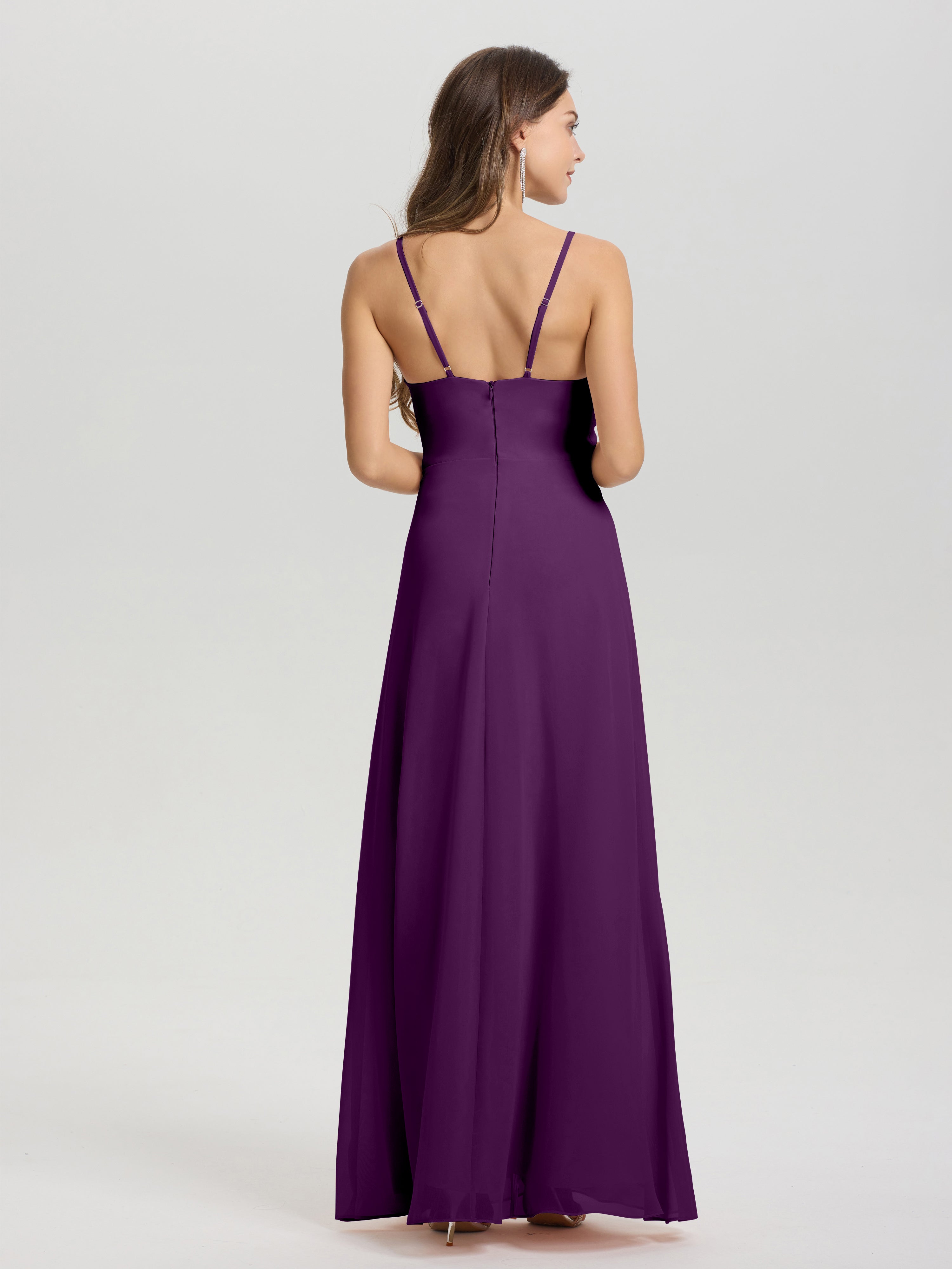 Robes De Demoiselle D'Honneur En Raisin Col V Fendue Trapèze Mousseline Robe Demoiselle D'Honneur Avec Plisée Devant