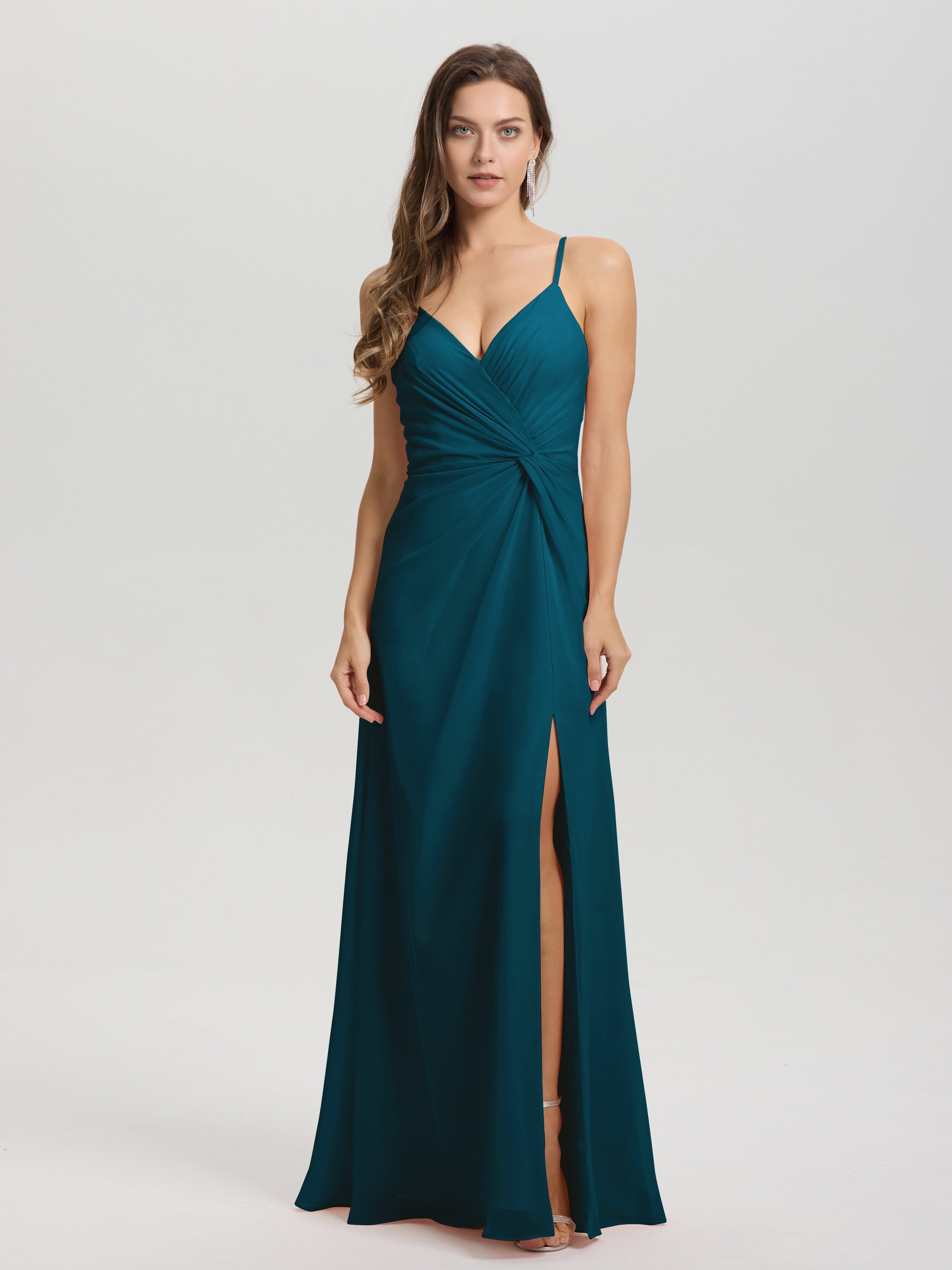 Robe De Demoiselle D'Honneur Bleu Encre Col V Fendue Trapèze Mousseline Robe Demoiselle D'Honneur Avec Plisée Devant