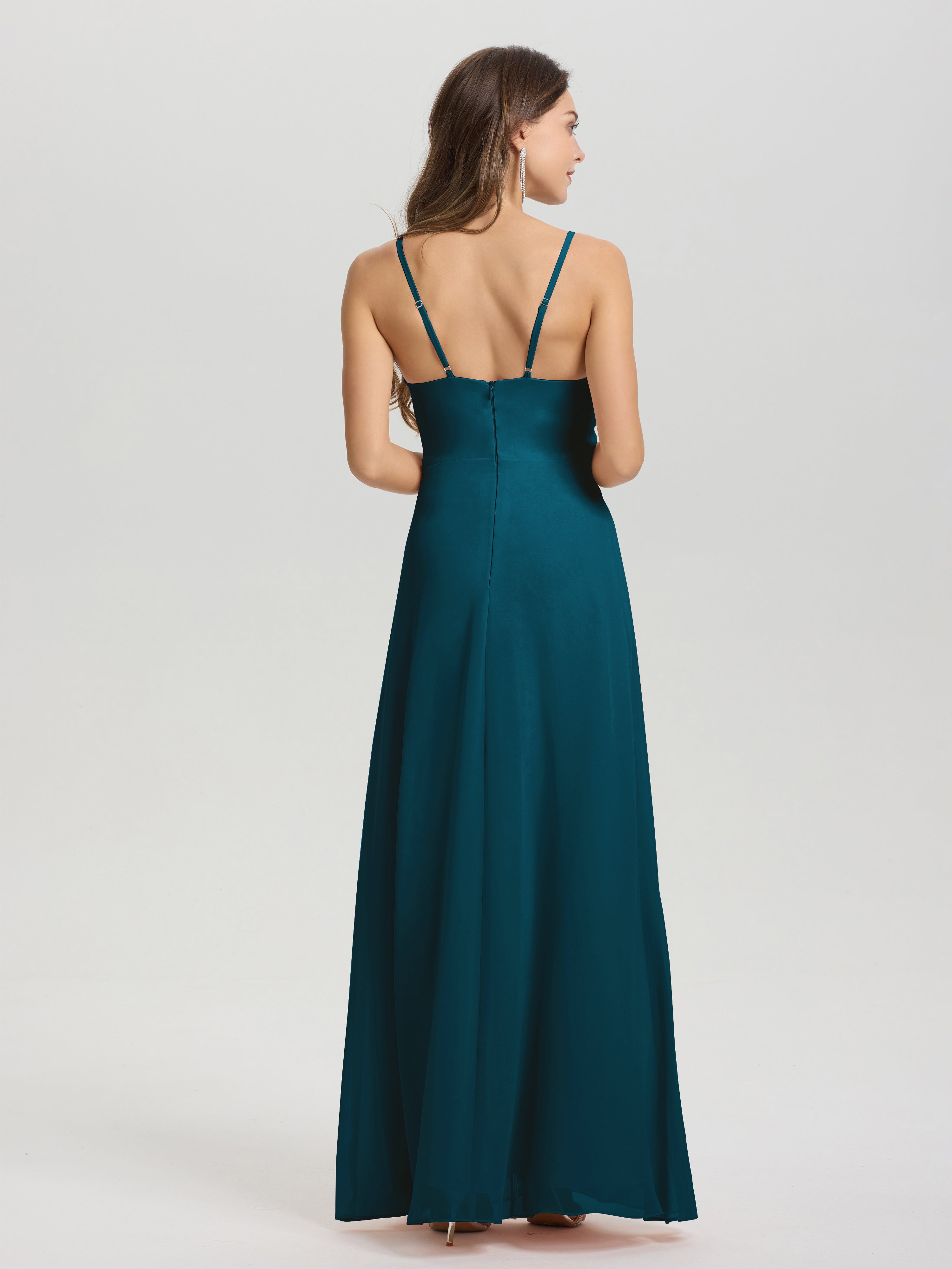 Robe De Demoiselle D'Honneur Bleu Encre Col V Fendue Trapèze Mousseline Robe Demoiselle D'Honneur Avec Plisée Devant