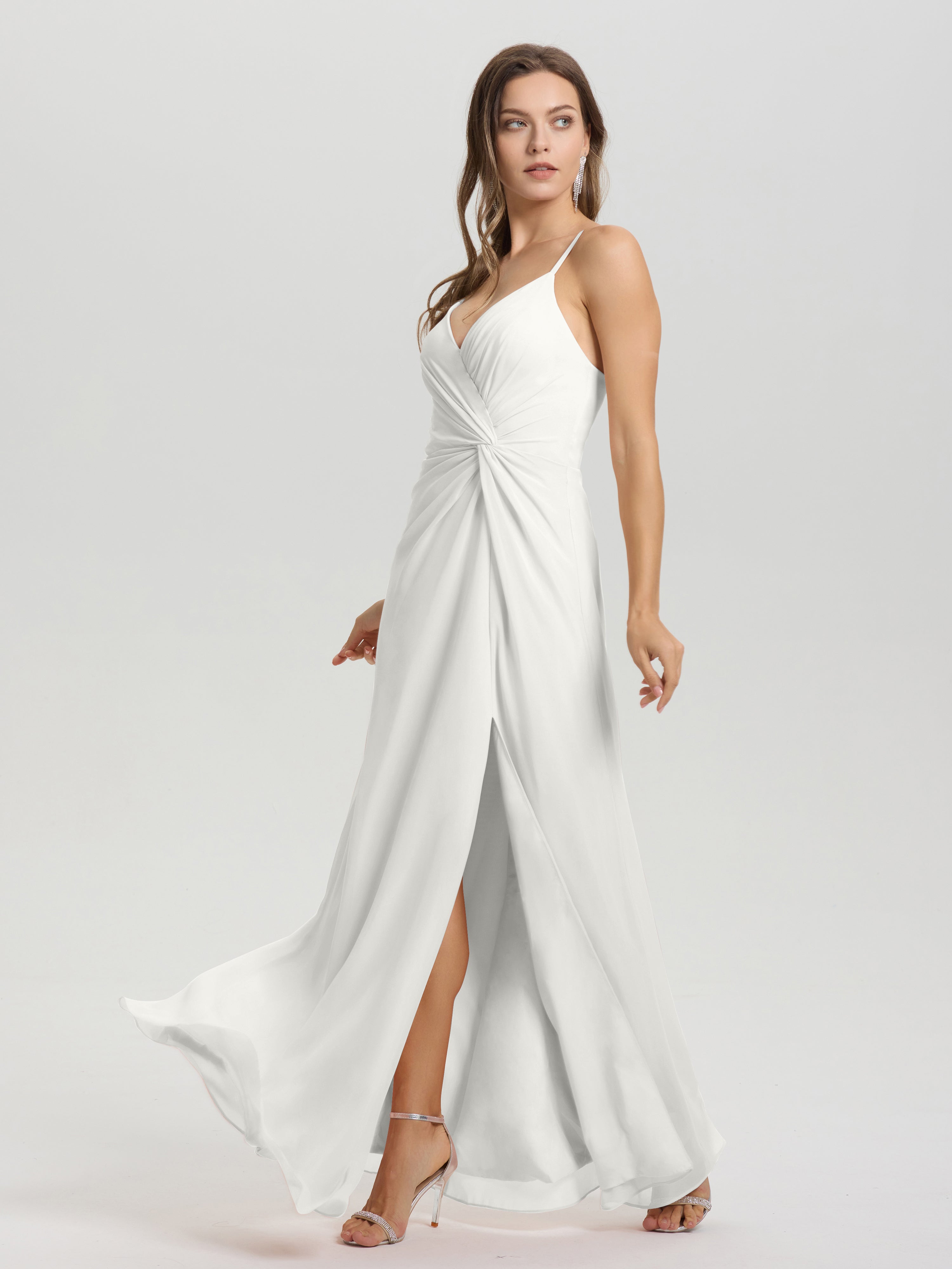 Robes De Demoiselle D'Honneur Ivoire Col V Fendue Trapèze Mousseline Robe Demoiselle D'Honneur Avec Plisée Devant