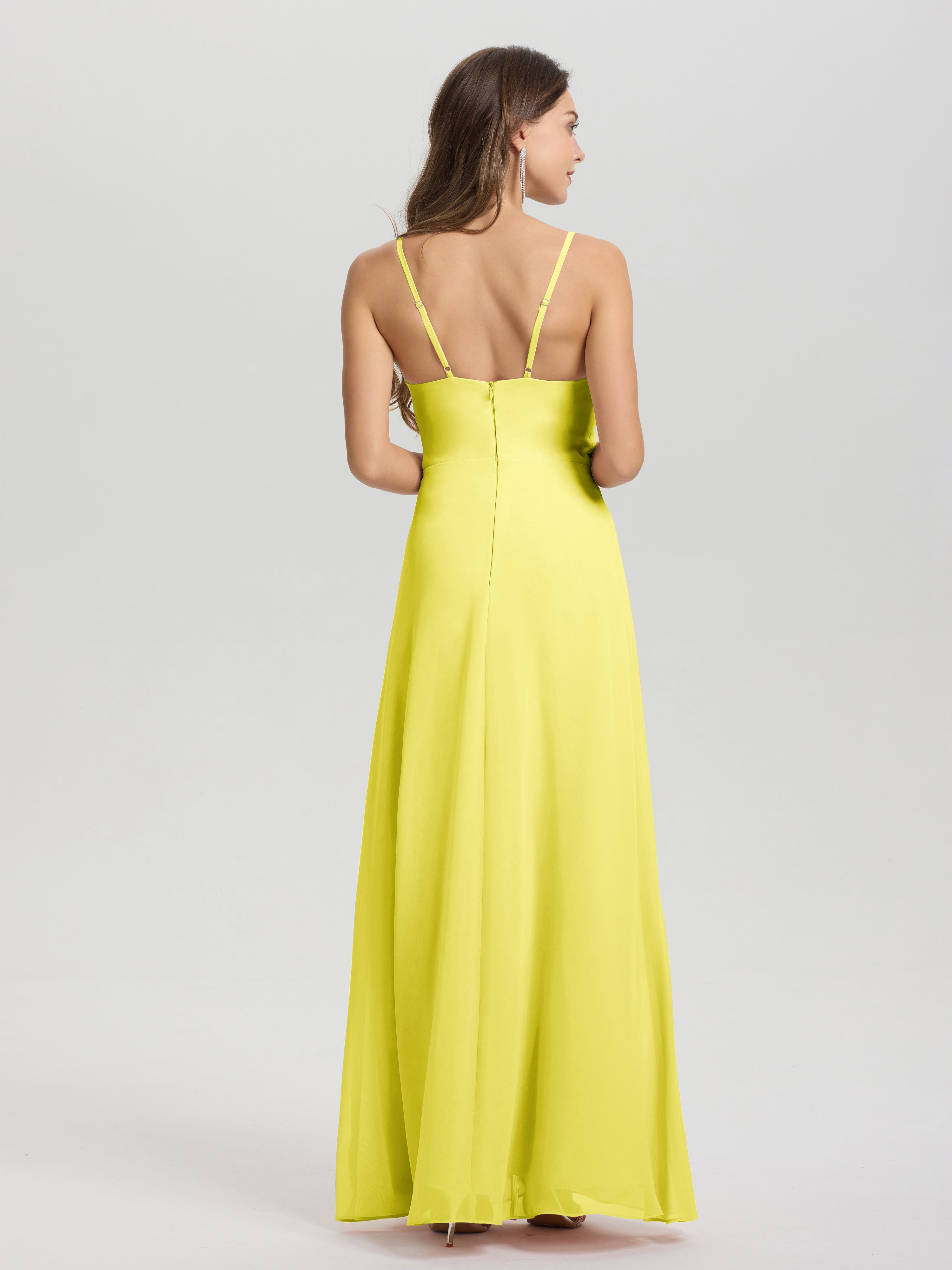 Robes De Demoiselle D'Honneur Citron Col V Fendue Trapèze Mousseline Robe Demoiselle D'Honneur Avec Plisée Devant