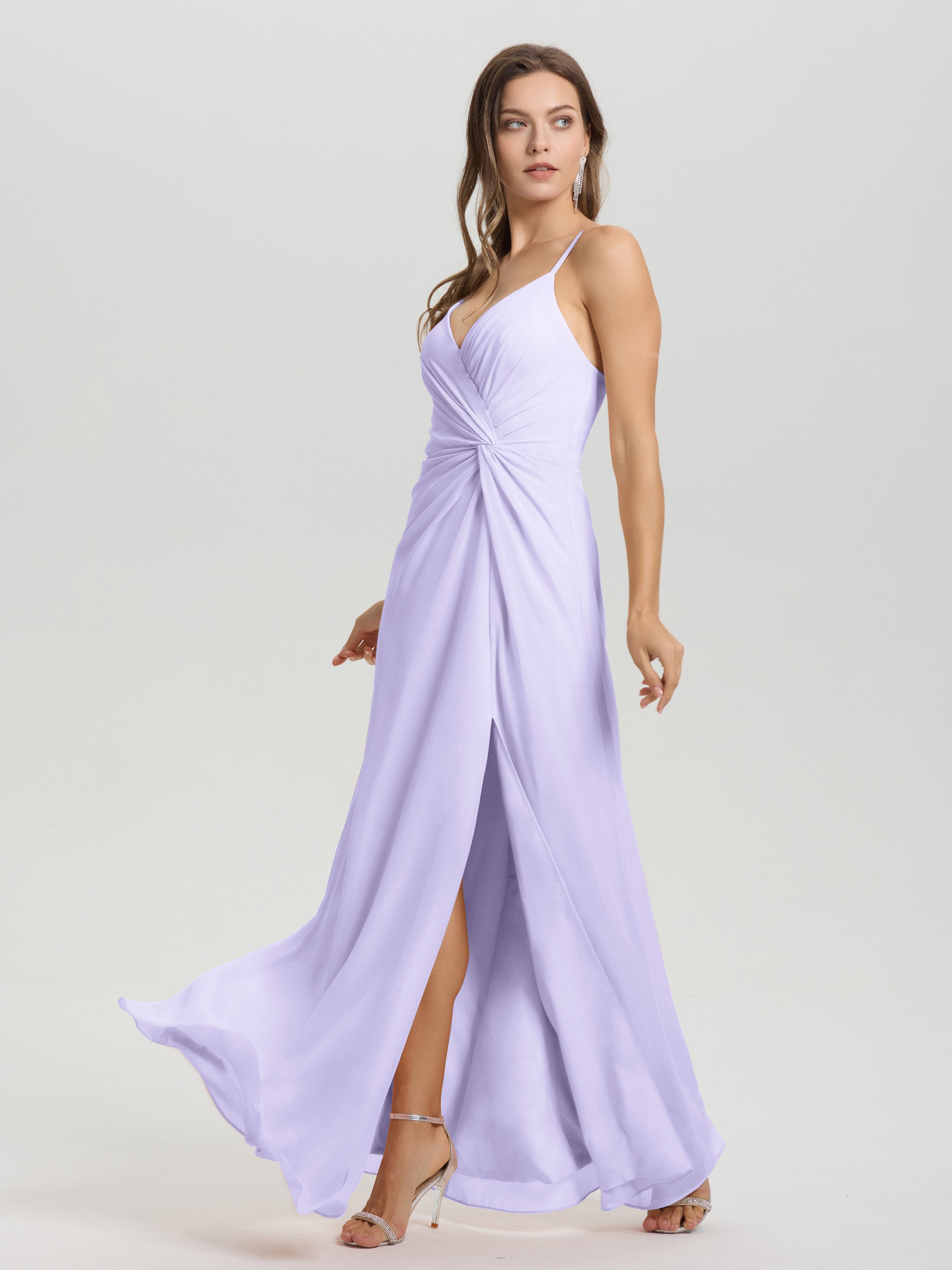 Robe Lilas Demoiselle D Honneur Col V Fendue Trapèze Mousseline Robe Demoiselle D'Honneur Avec Plisée Devant