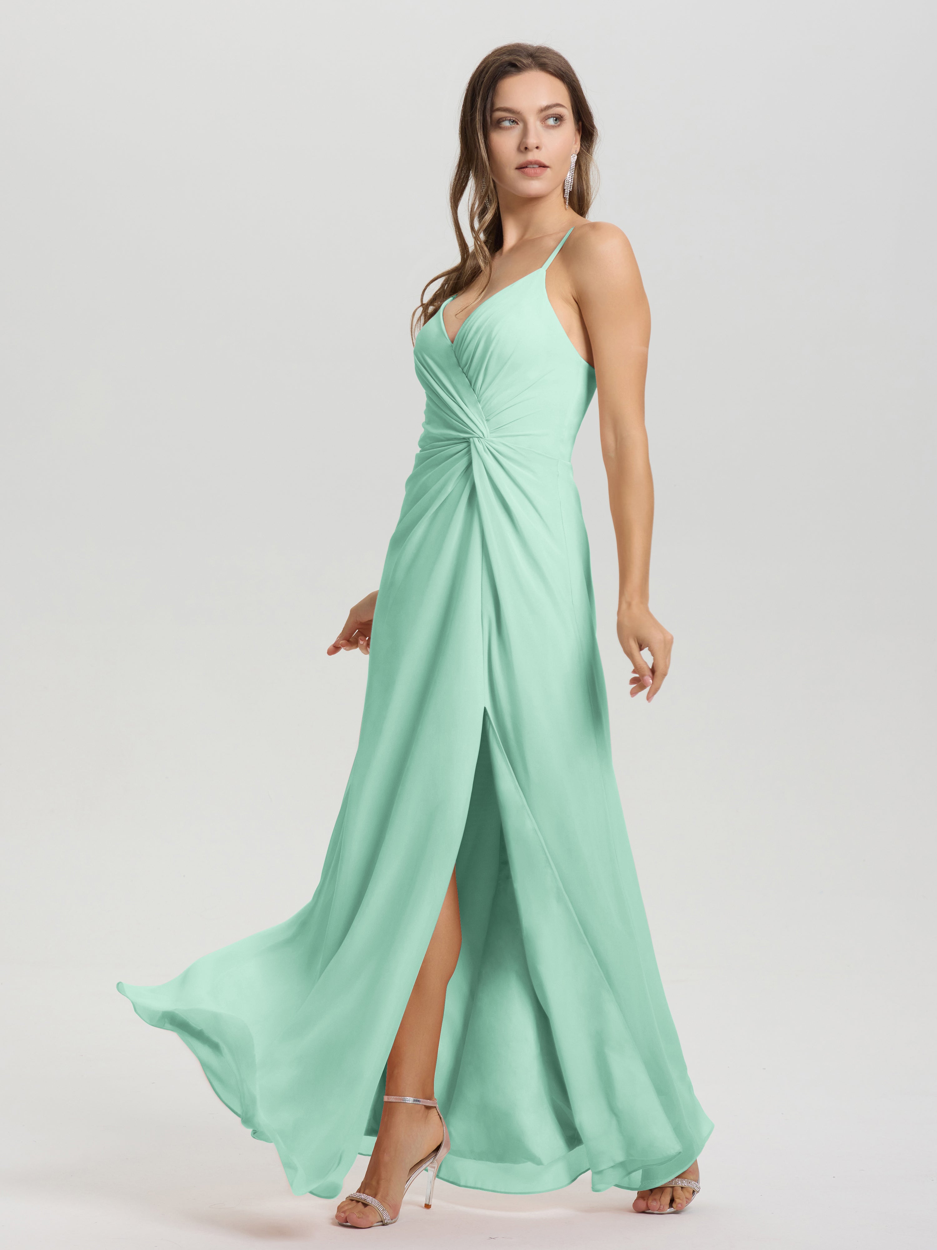 Robes De Demoiselle D'Honneur Vert Menthe Col V Fendue Trapèze Mousseline Robe Demoiselle D'Honneur Avec Plisée Devant