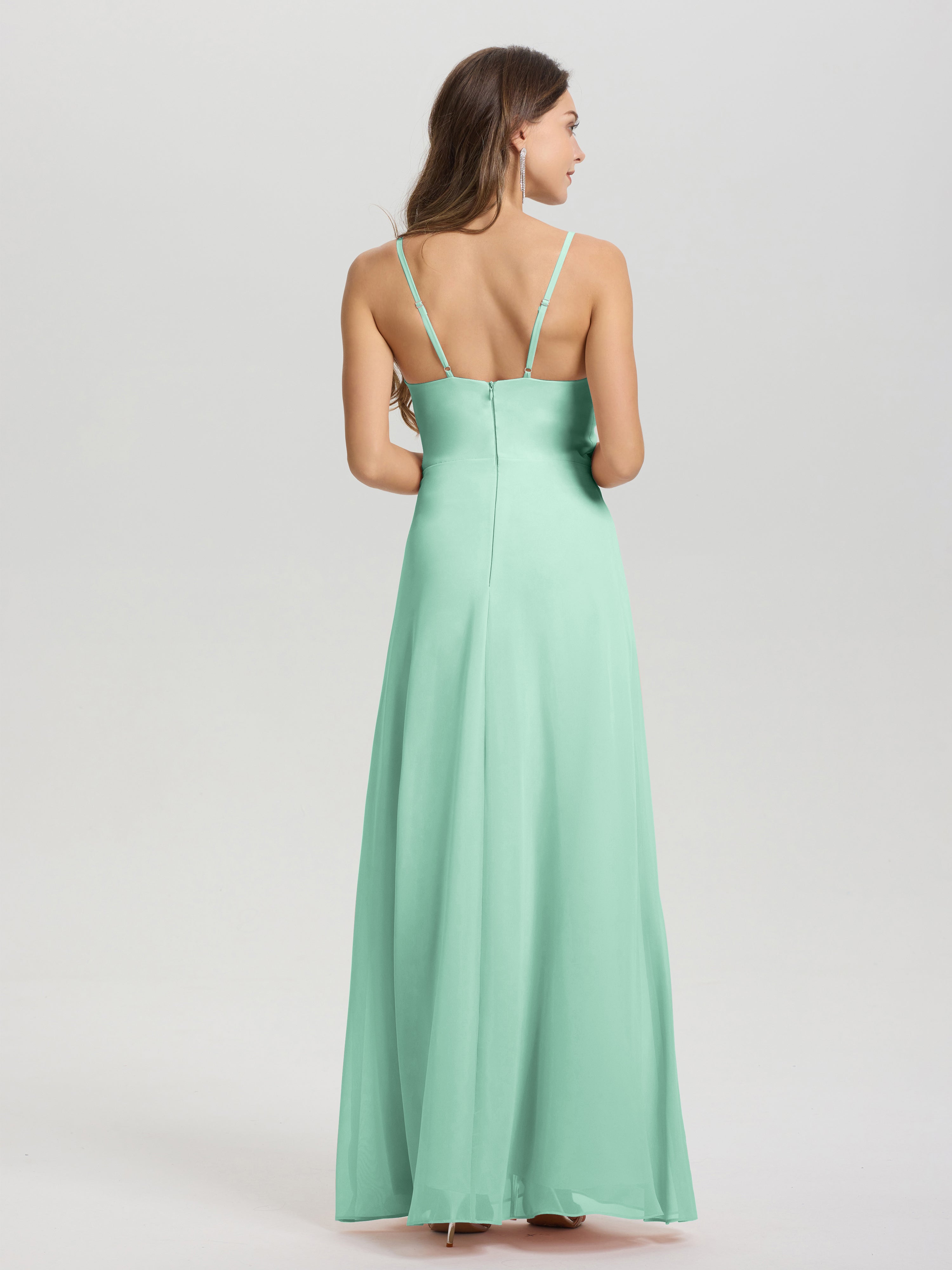 Robes De Demoiselle D'Honneur Vert Menthe Col V Fendue Trapèze Mousseline Robe Demoiselle D'Honneur Avec Plisée Devant