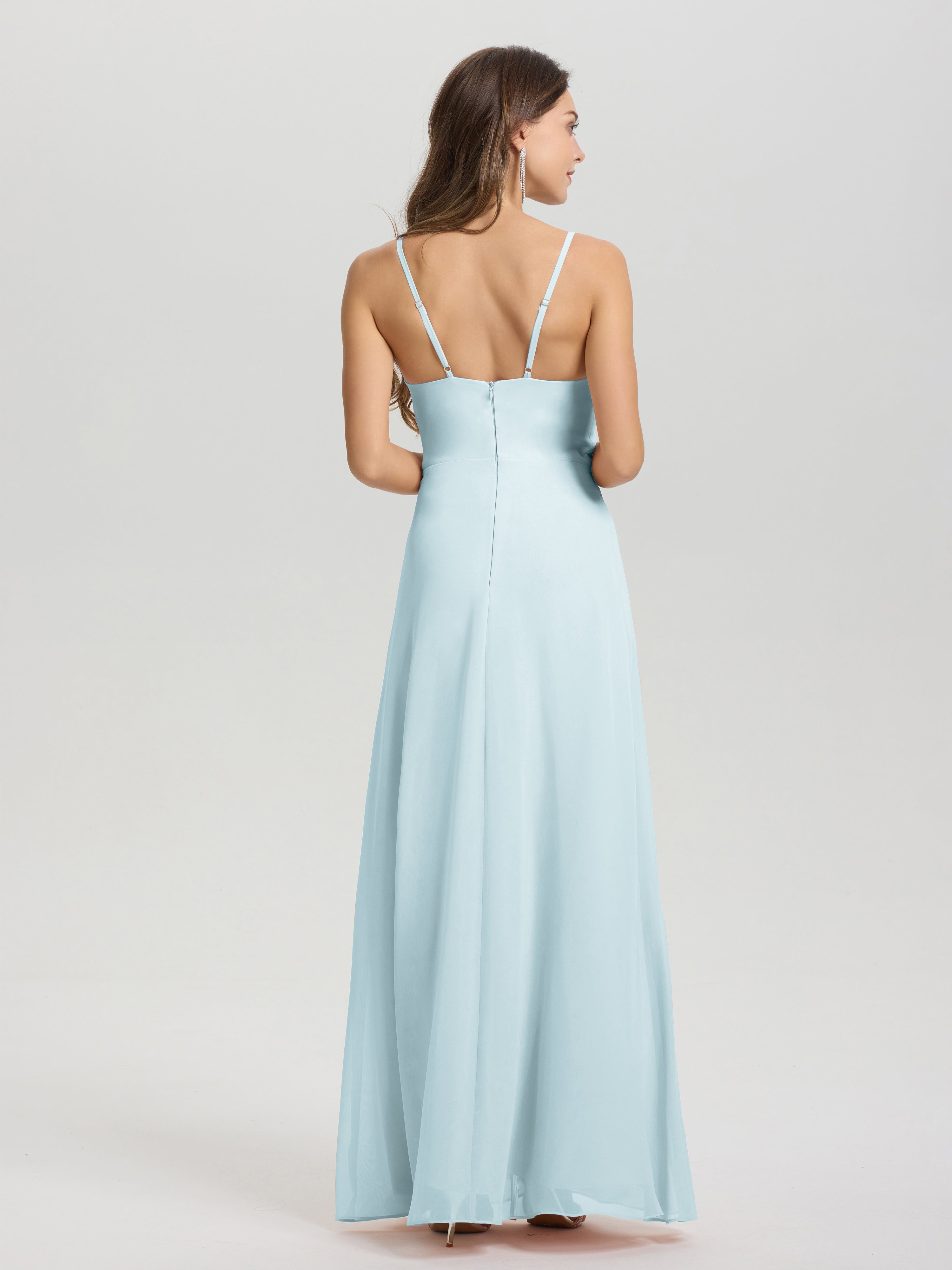 Robe De Demoiselle D'Honneur Brume Col V Fendue Trapèze Mousseline Robe Demoiselle D'Honneur Avec Plisée Devant