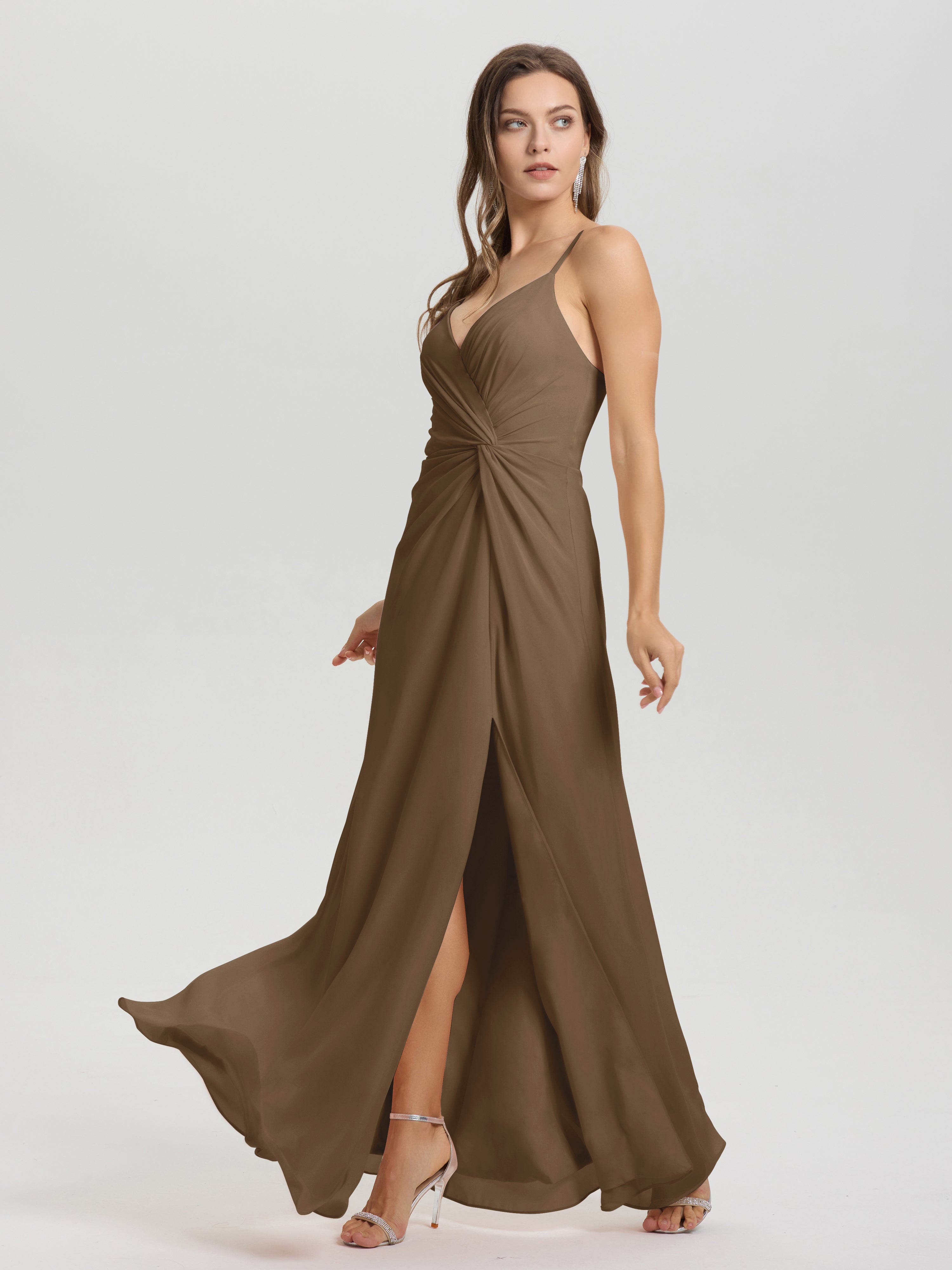 Robe De Demoiselle D'Honneur Moka Col V Fendue Trapèze Mousseline Robe Demoiselle D'Honneur Avec Plisée Devant