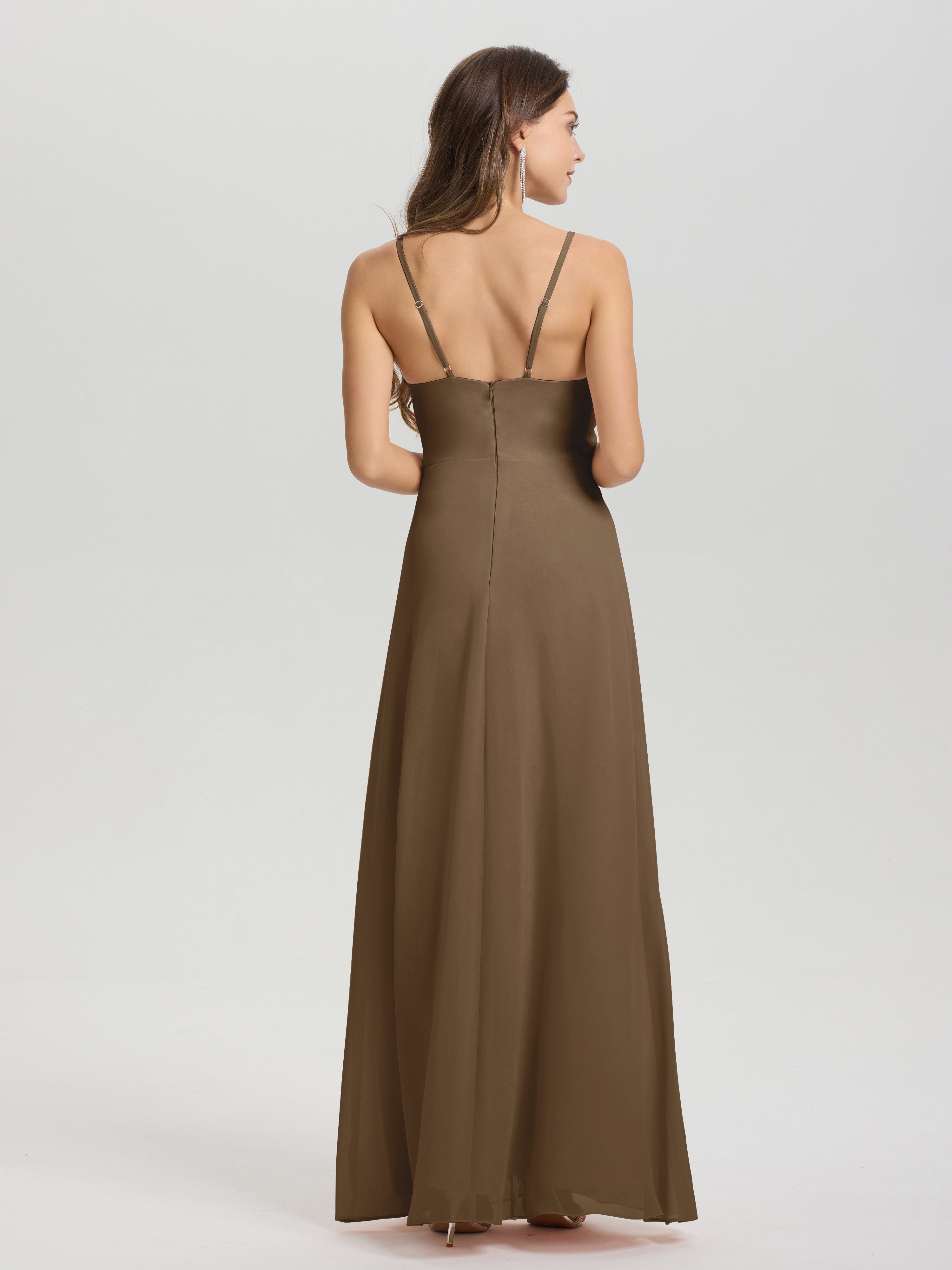 Robe De Demoiselle D'Honneur Moka Col V Fendue Trapèze Mousseline Robe Demoiselle D'Honneur Avec Plisée Devant