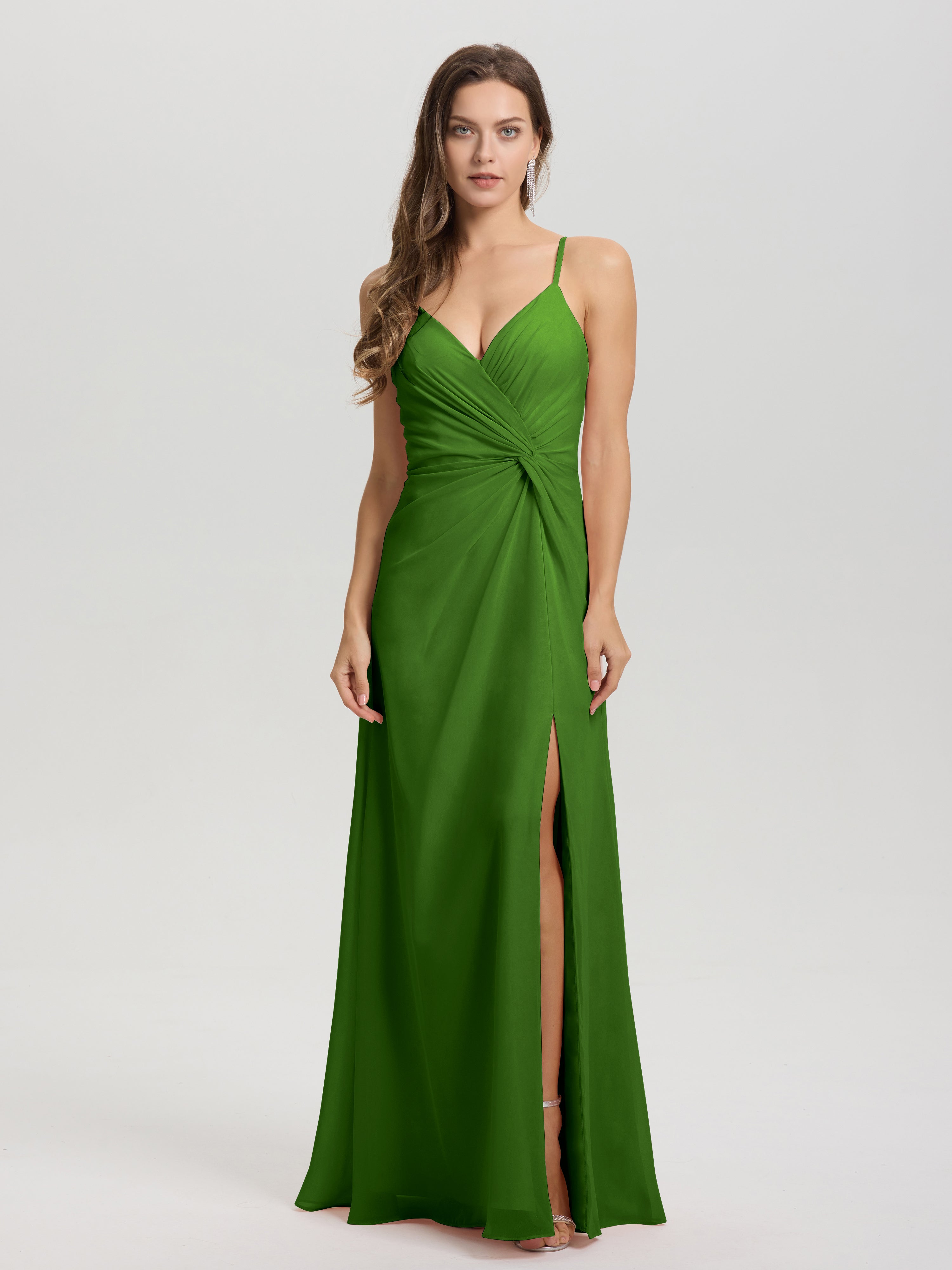 Robes De Demoiselle D'Honneur Vert Mousse Col V Fendue Trapèze Mousseline Robe Demoiselle D'Honneur Avec Plisée Devant