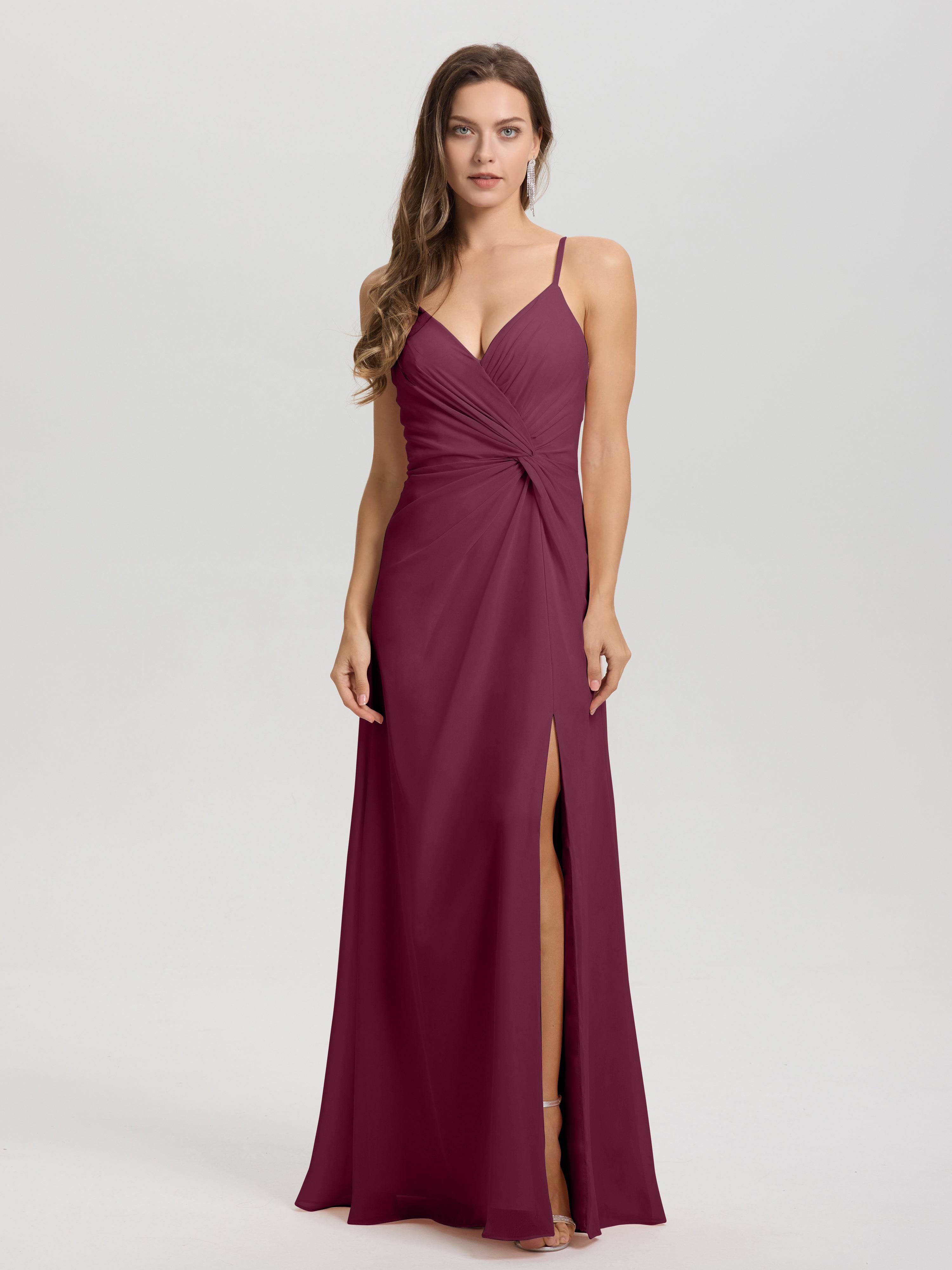 Robes De Demoiselle D'Honneur Mûre Col V Fendue Trapèze Mousseline Robe Demoiselle D'Honneur Avec Plisée Devant