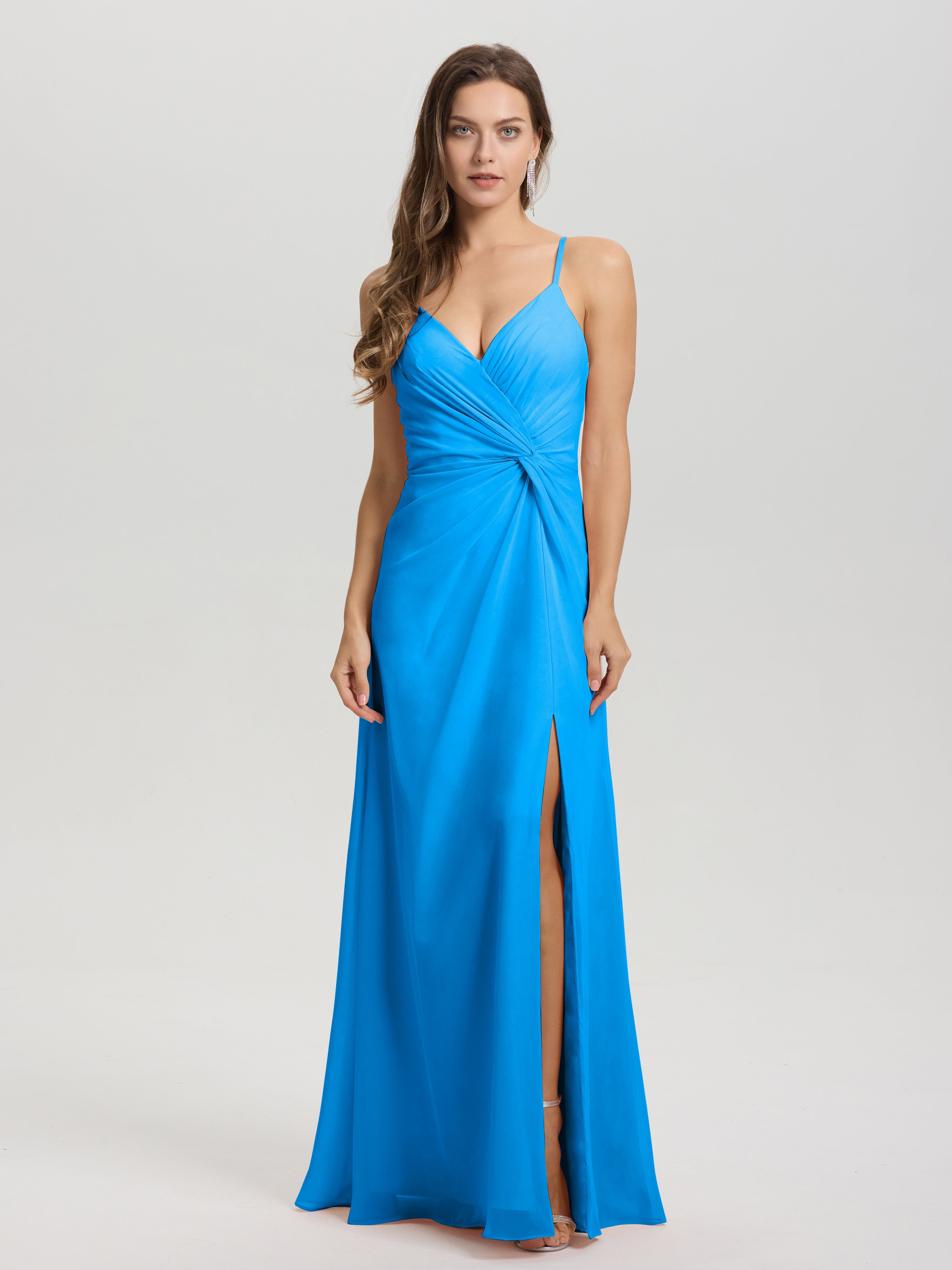 Robes De Demoiselle D'Honneur Bleu Océan Col V Fendue Trapèze Mousseline Robe Demoiselle D'Honneur Avec Plisée Devant