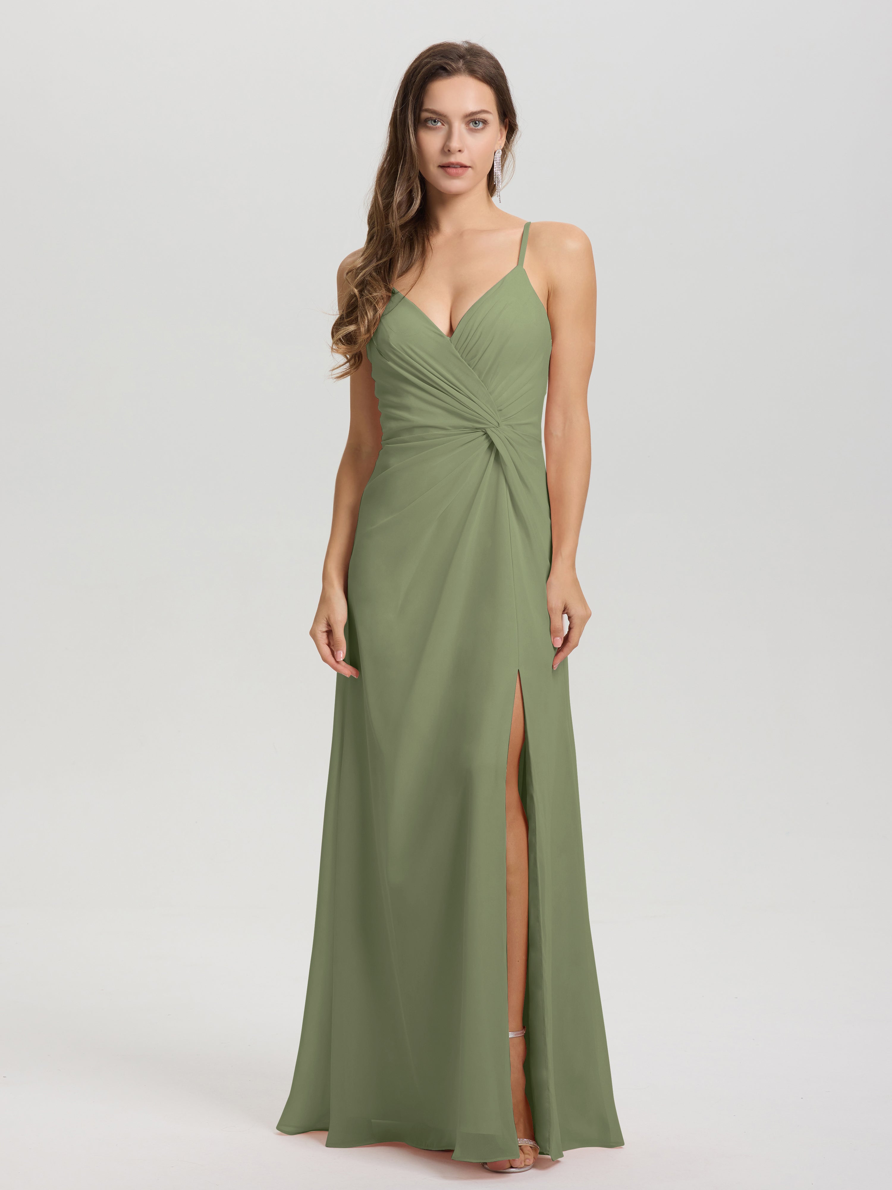 Robes De Demoiselle D'Honneur Vert Olive Clair Col V Fendue Trapèze Mousseline Robe Demoiselle D'Honneur Avec Plisée Devant