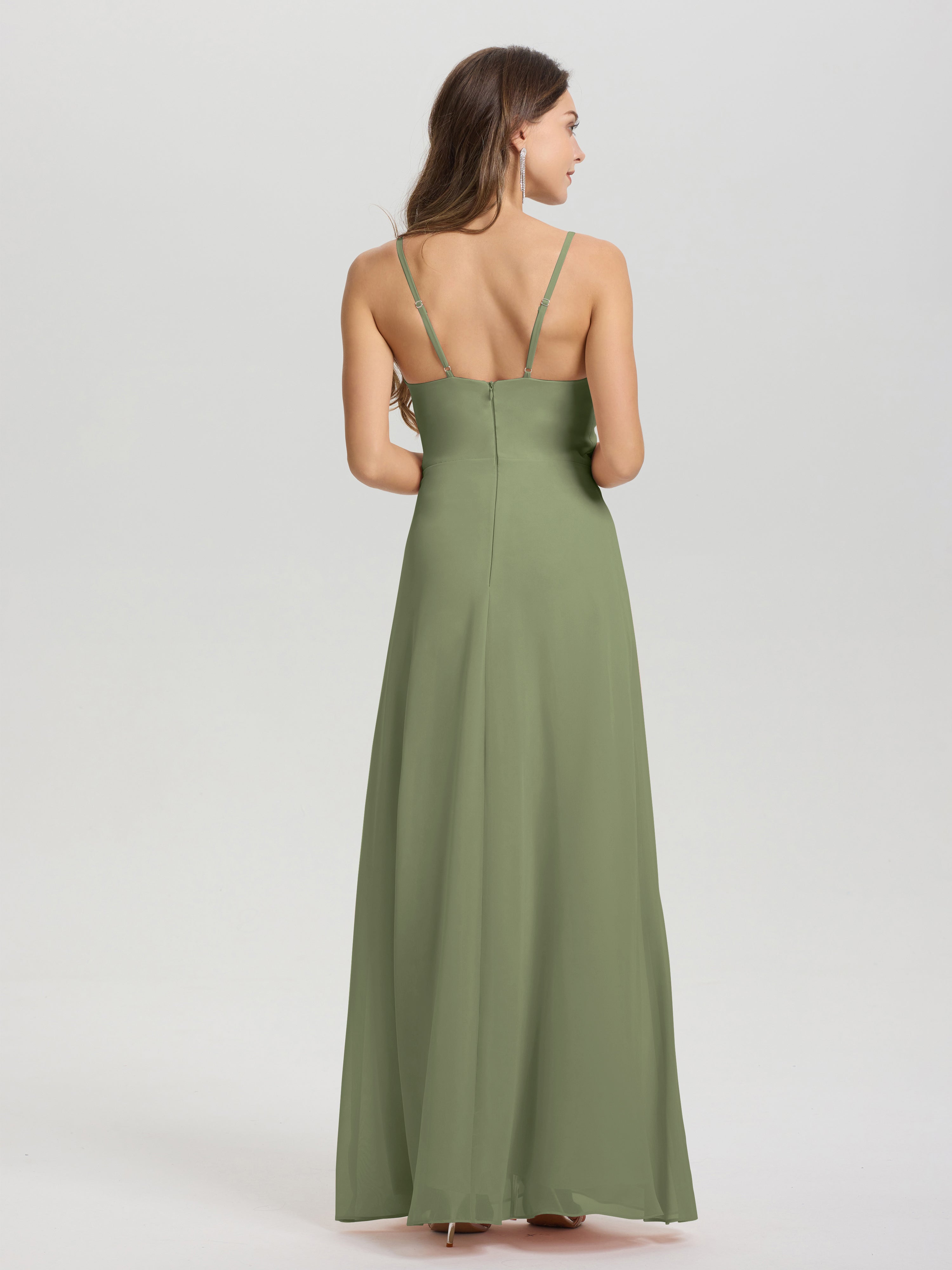 Robes De Demoiselle D'Honneur Vert Olive Clair Col V Fendue Trapèze Mousseline Robe Demoiselle D'Honneur Avec Plisée Devant