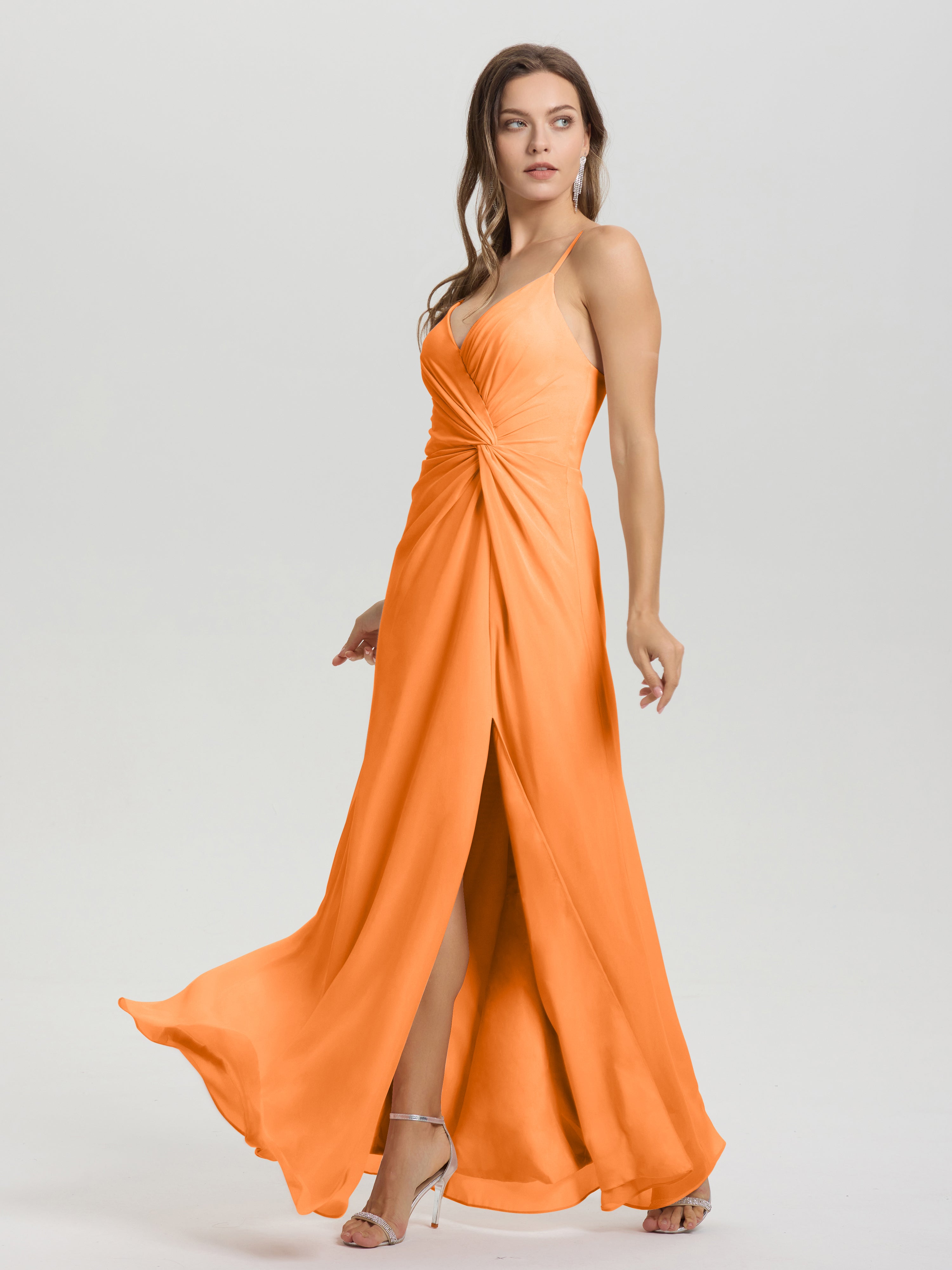 Robe Mousseline Orange Col V Fendue Trapèze Mousseline Robe Demoiselle D'Honneur Avec Plisée Devant