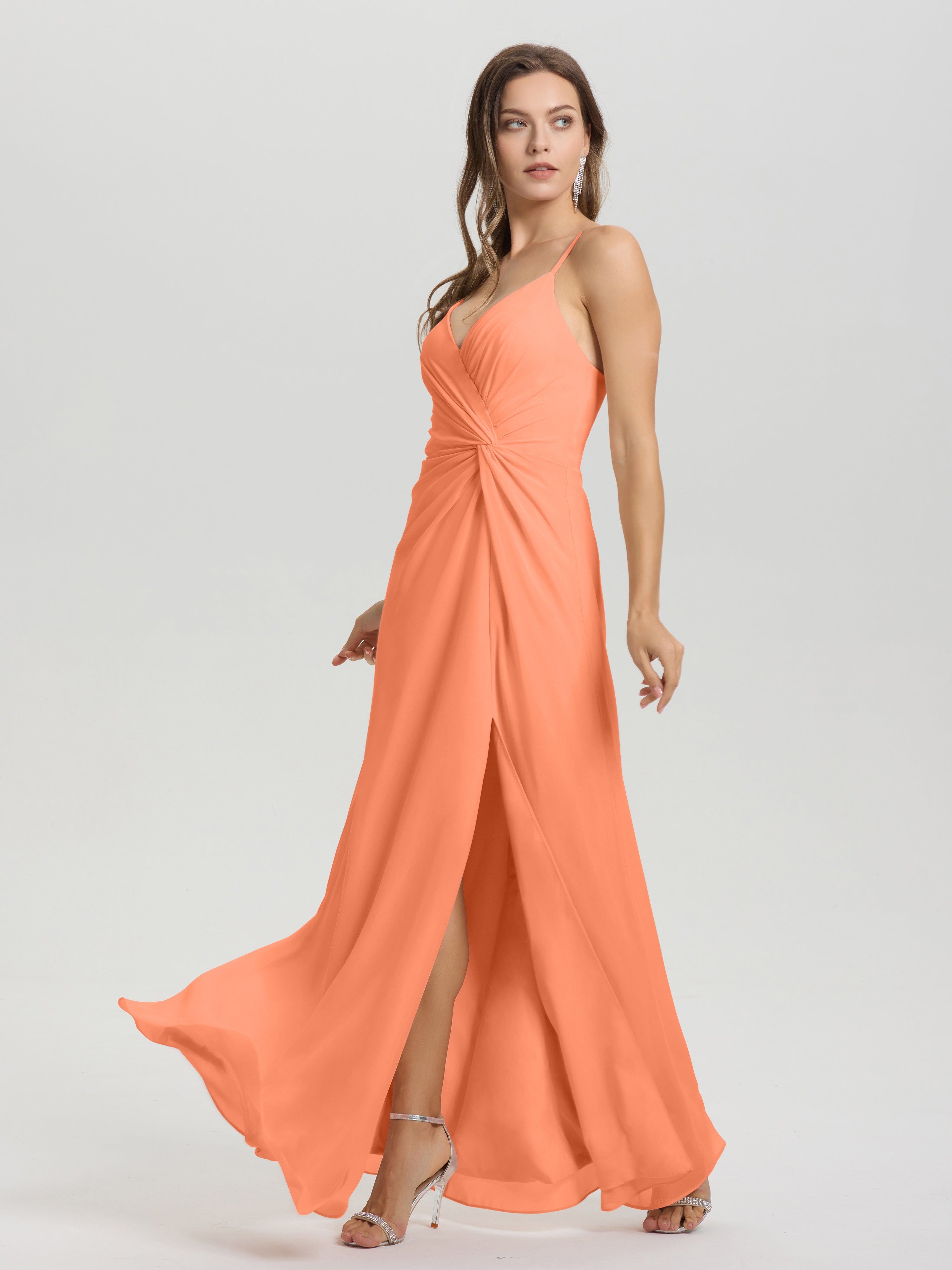 Robes De Demoiselle D'Honneur Papaye Col V Fendue Trapèze Mousseline Robe Demoiselle D'Honneur Avec Plisée Devant