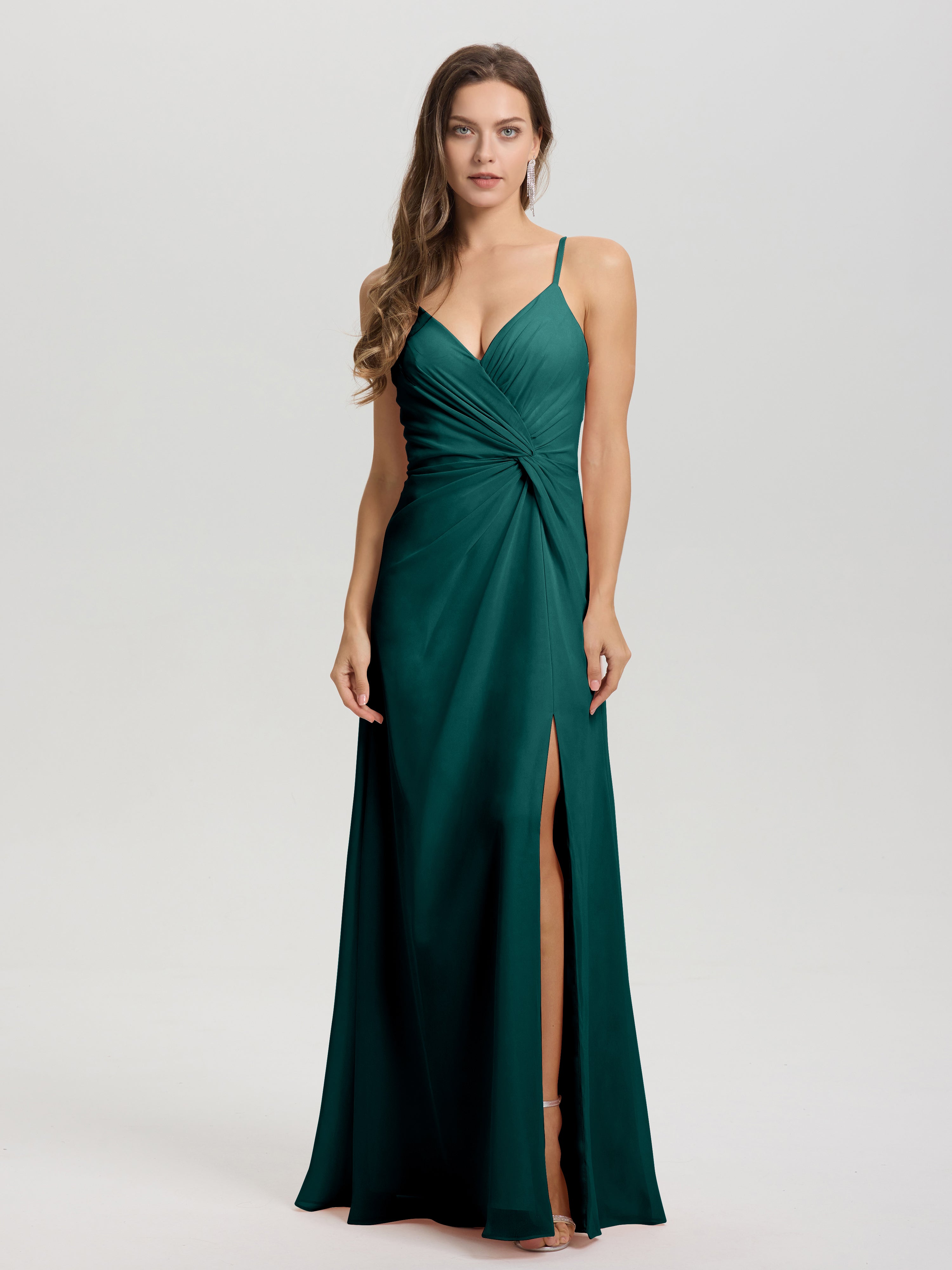 Robe Demoiselle D Honneur Bleu Paon Col V Fendue Trapèze Mousseline Robe Demoiselle D'Honneur Avec Plisée Devant