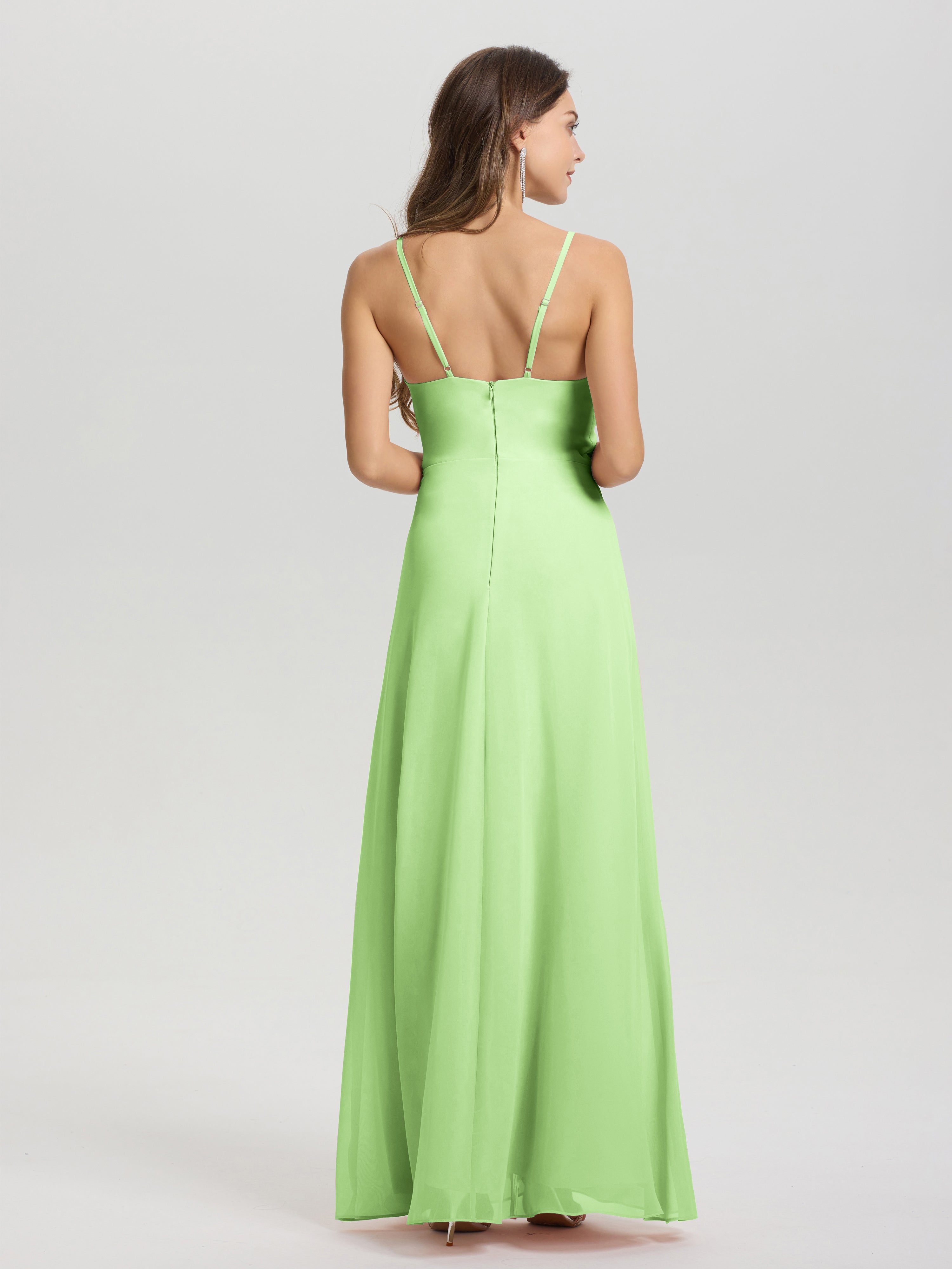 Robe Demoiselle D Honneur Vert Sauge Col V Fendue Trapèze Mousseline Robe Demoiselle D'Honneur Avec Plisée Devant