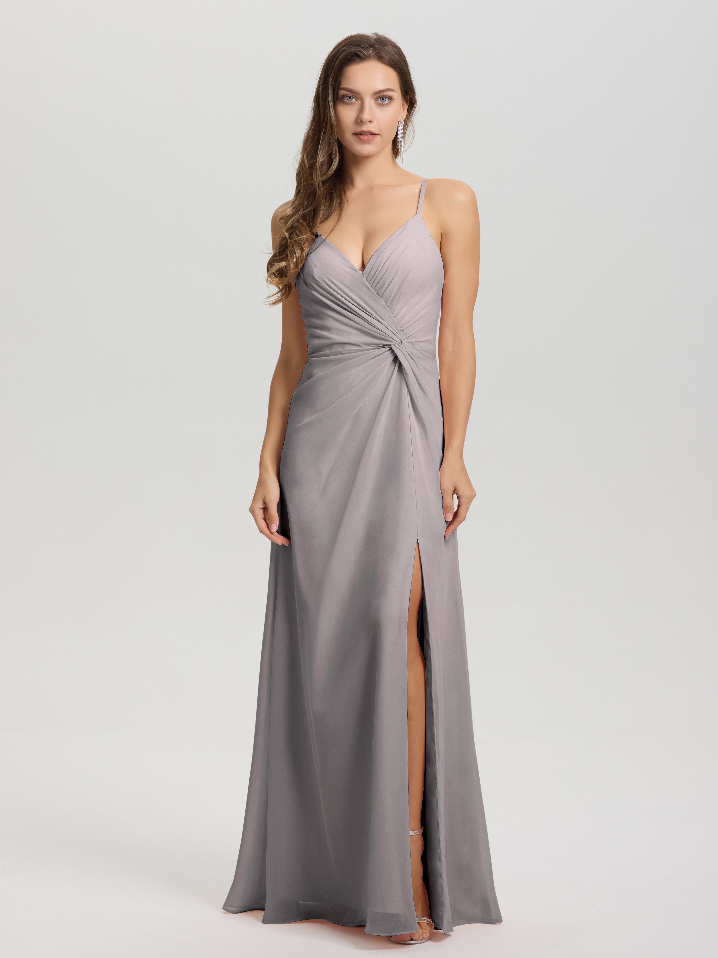 Robe Demoiselle D Honneur Argent Col V Fendue Trapèze Mousseline Robe Demoiselle D'Honneur Avec Plisée Devant