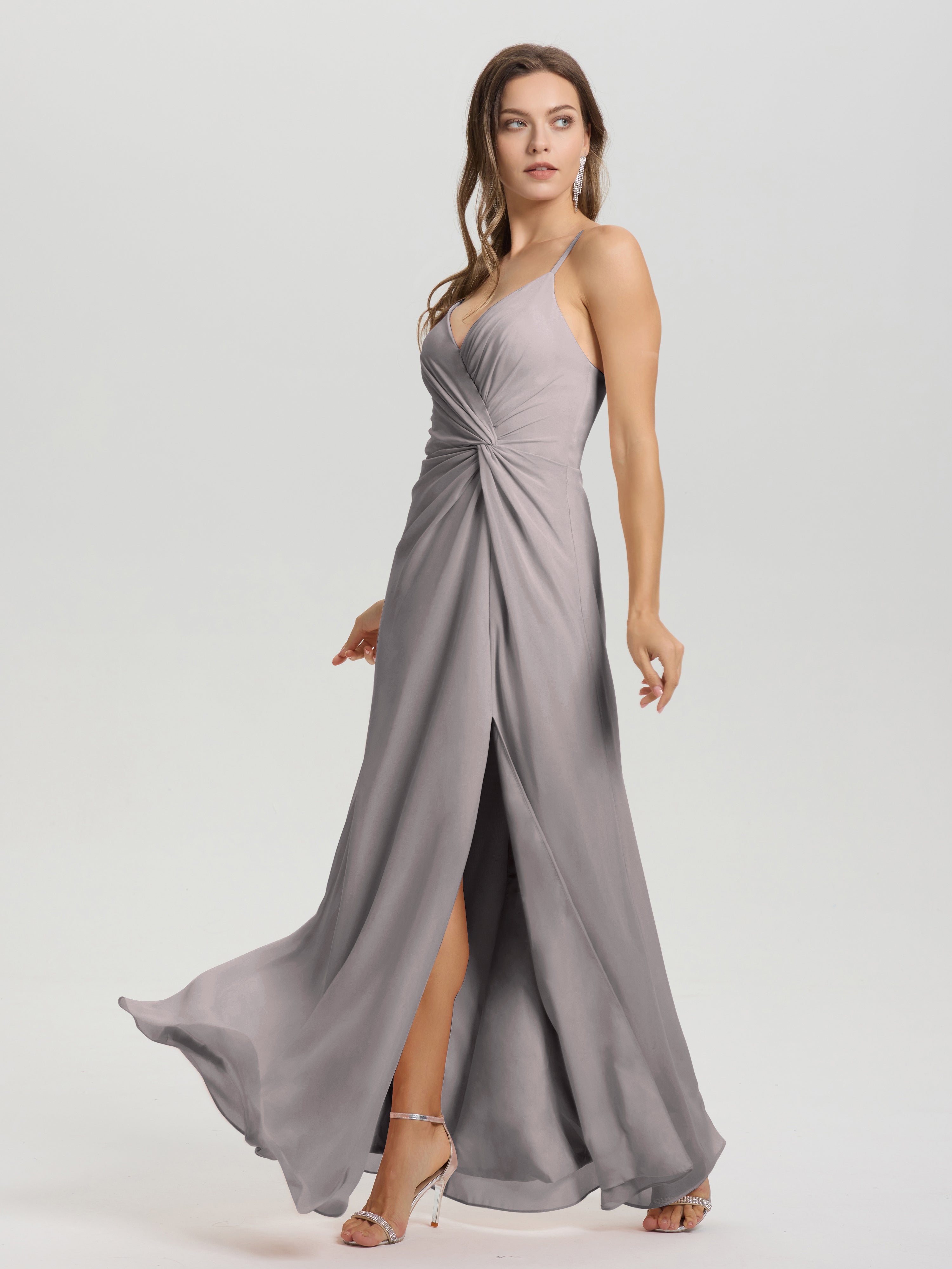 Robe Demoiselle D Honneur Argent Col V Fendue Trapèze Mousseline Robe Demoiselle D'Honneur Avec Plisée Devant