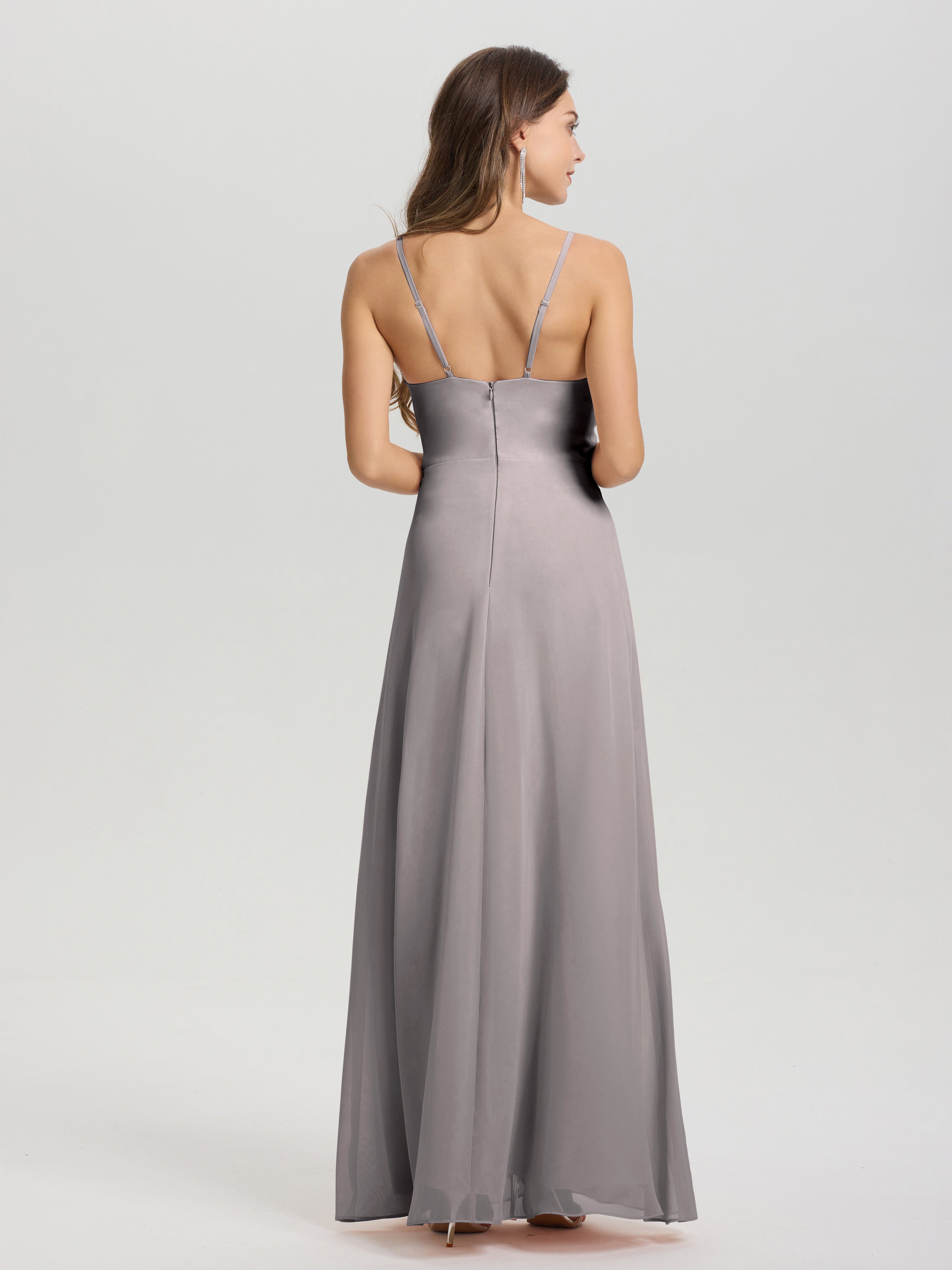 Robe Demoiselle D Honneur Argent Col V Fendue Trapèze Mousseline Robe Demoiselle D'Honneur Avec Plisée Devant