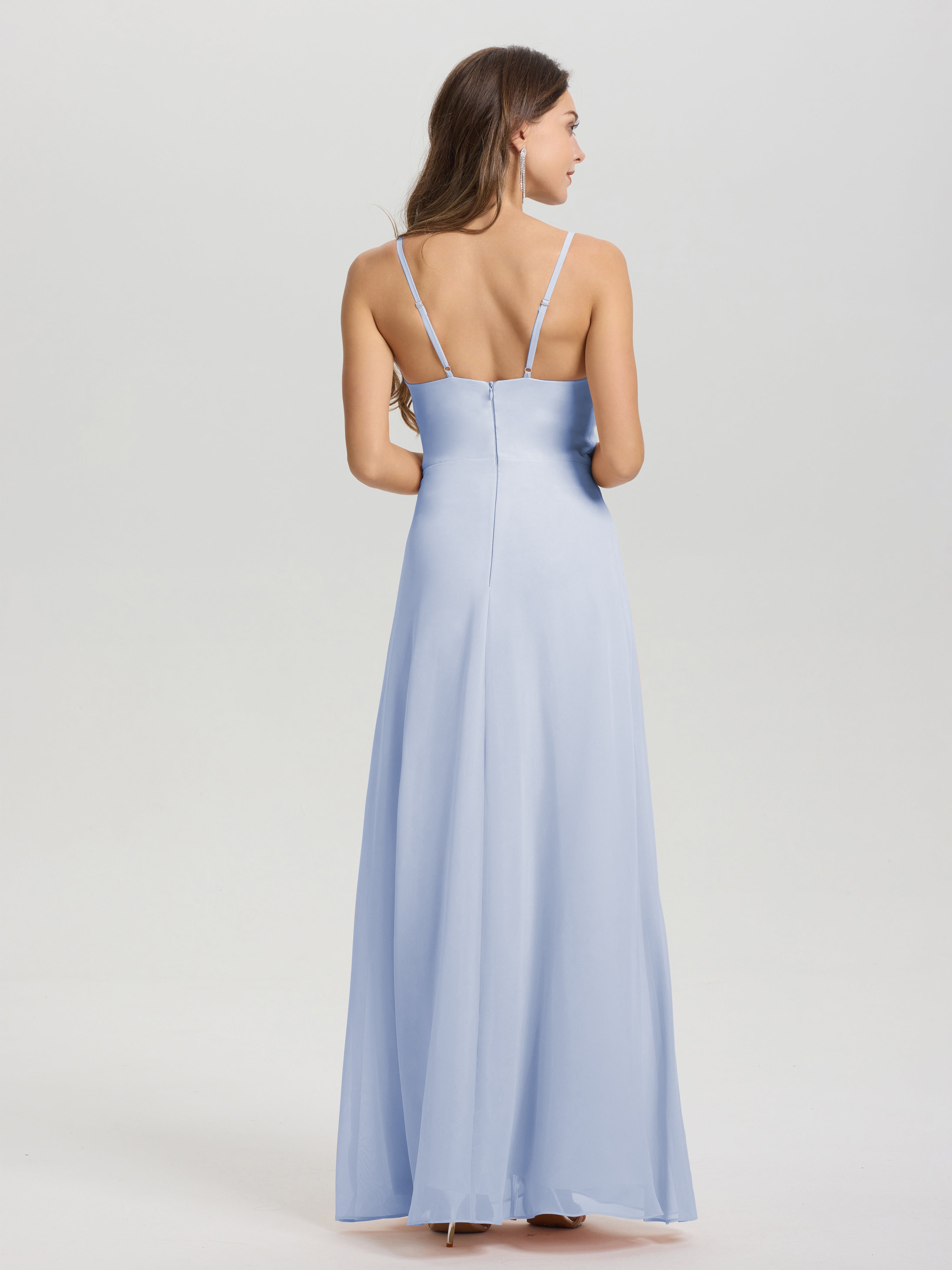 Robe De Demoiselle D Honneur Bleu Ciel Col V Fendue Trapèze Mousseline Robe Demoiselle D'Honneur Avec Plisée Devant