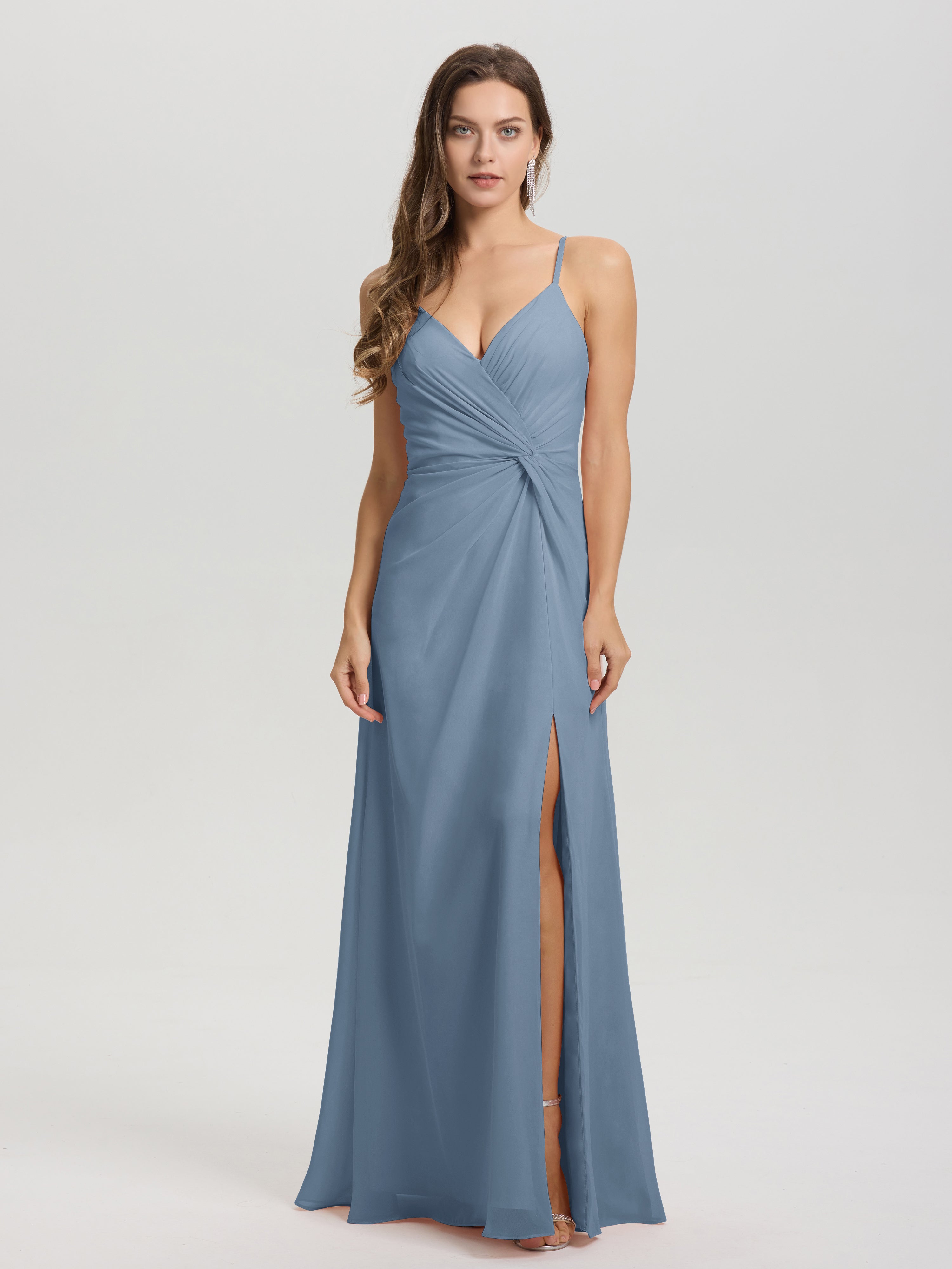 Robes De Demoiselle D'Honneur Bleu De Schiste Col V Fendue Trapèze Mousseline Robe Demoiselle D'Honneur Avec Plisée Devant