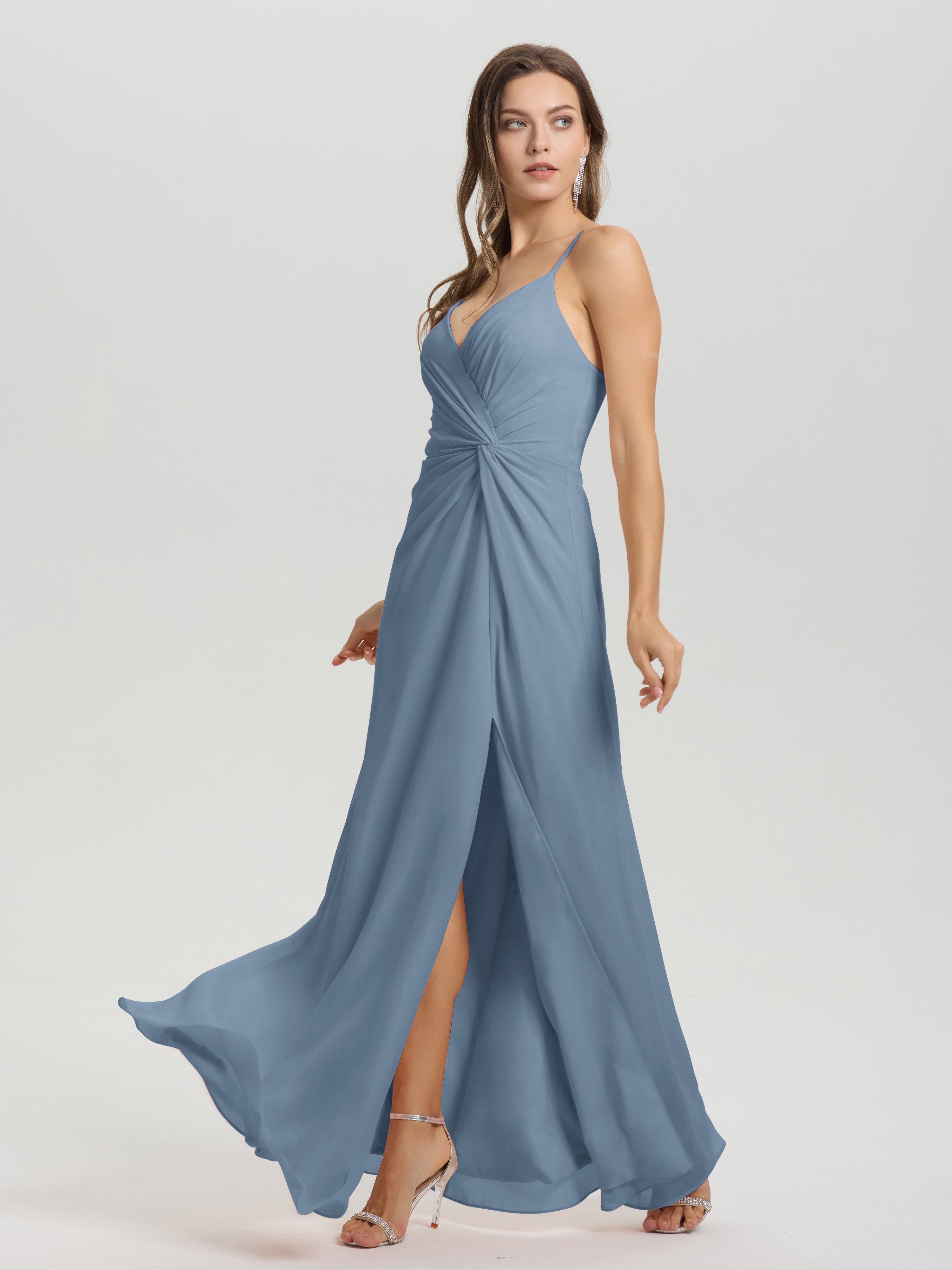 Robes De Demoiselle D'Honneur Bleu De Schiste Col V Fendue Trapèze Mousseline Robe Demoiselle D'Honneur Avec Plisée Devant