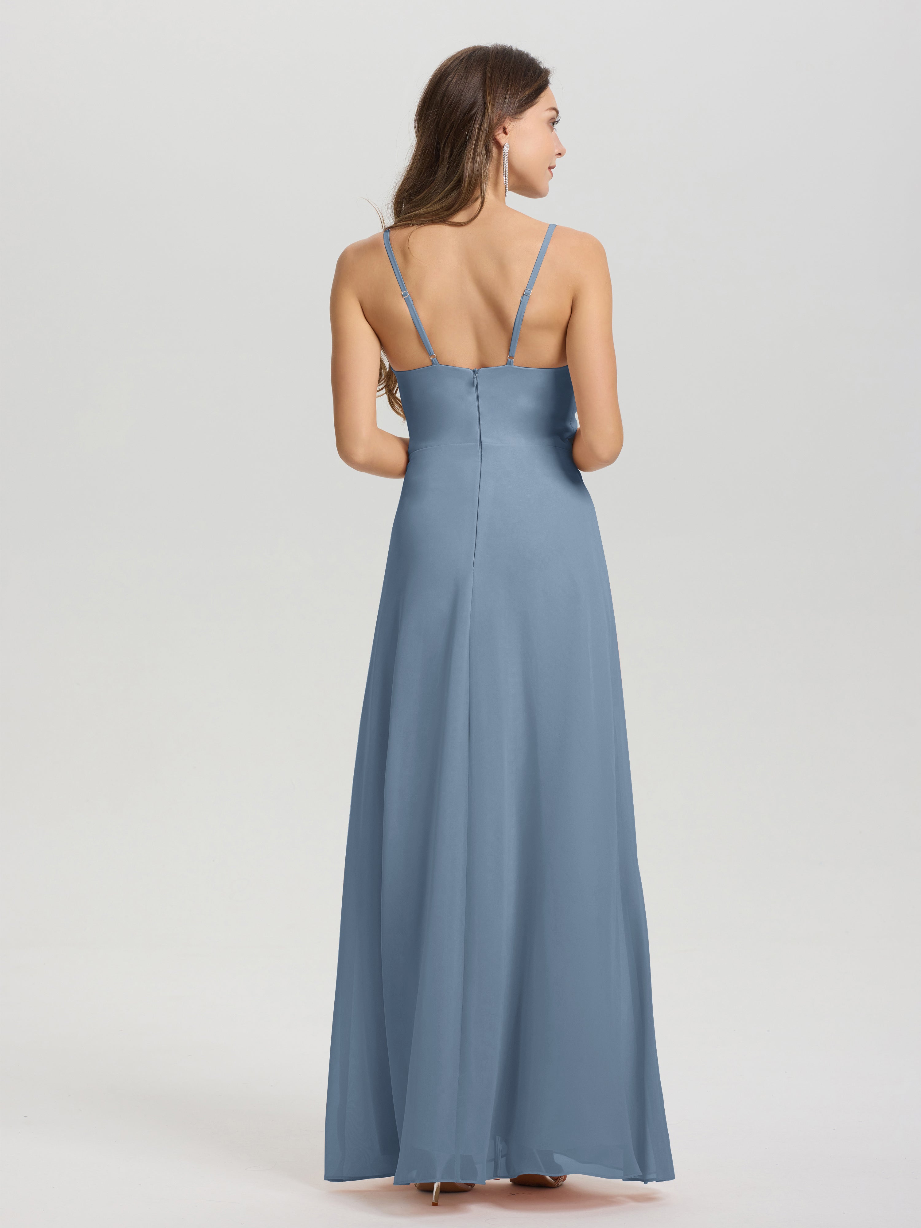 Robes De Demoiselle D'Honneur Bleu De Schiste Col V Fendue Trapèze Mousseline Robe Demoiselle D'Honneur Avec Plisée Devant