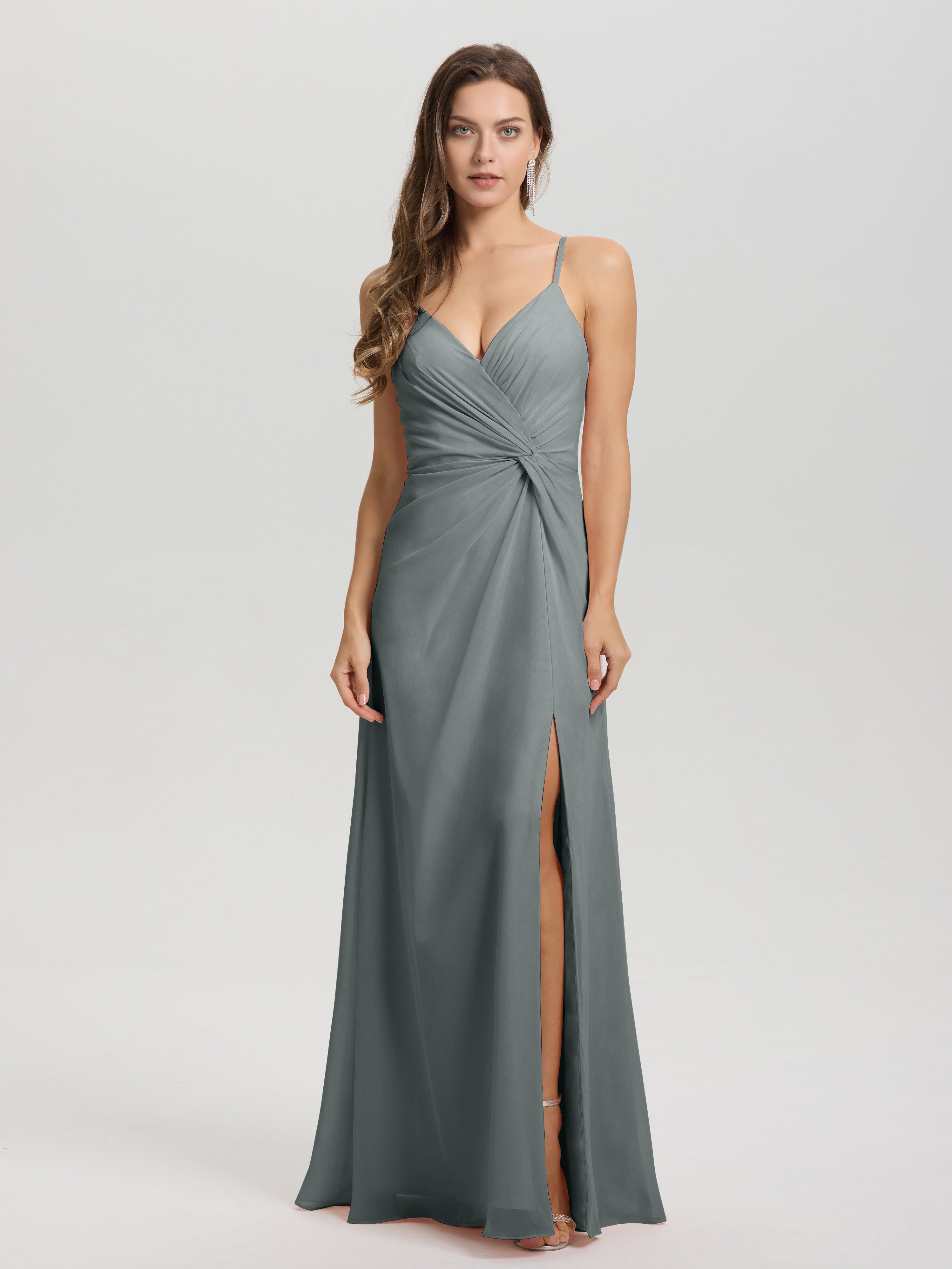 Robe Grise Demoiselle D Honneur Col V Fendue Trapèze Mousseline Robe Demoiselle D'Honneur Avec Plisée Devant