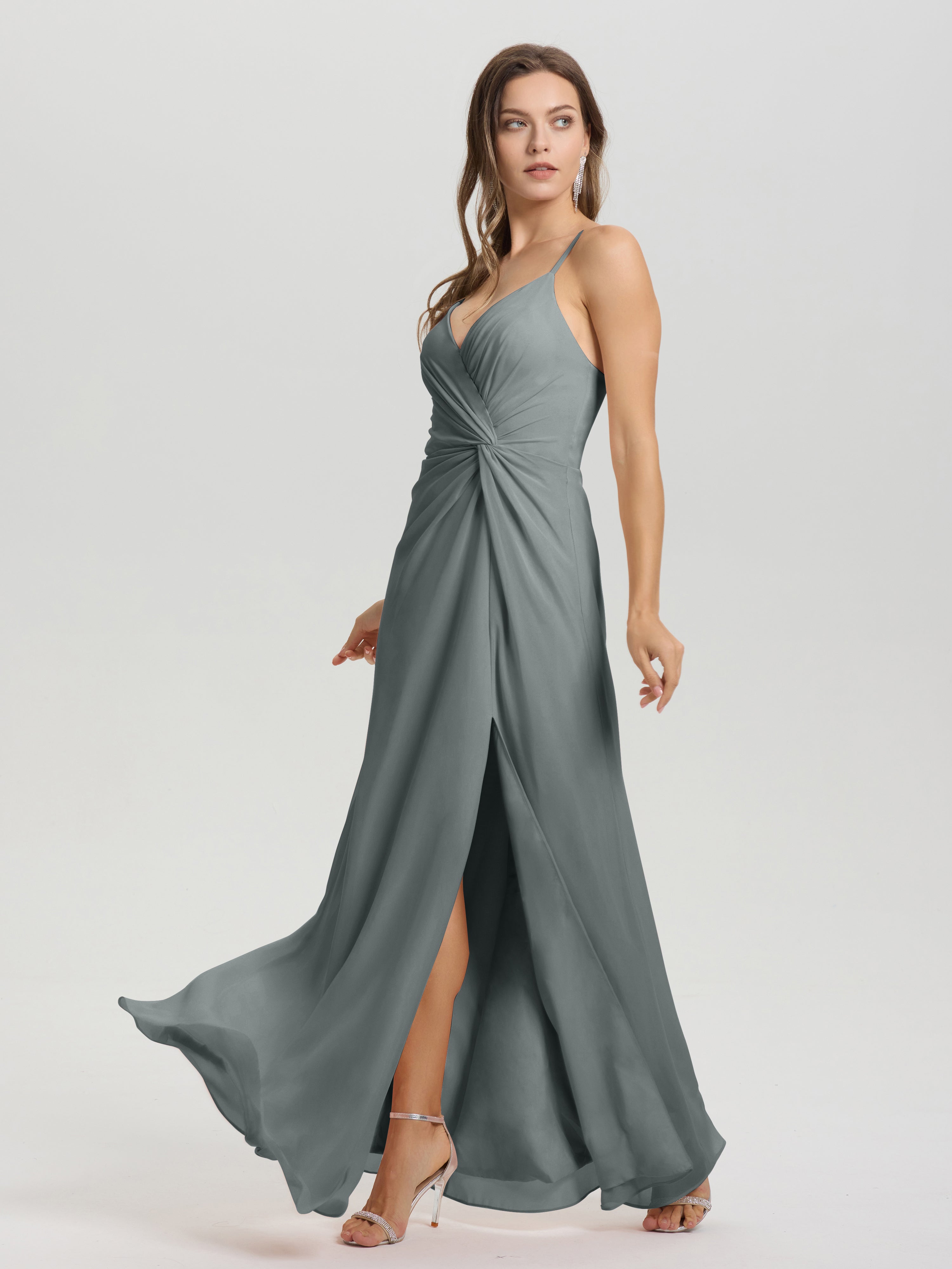 Robe Grise Demoiselle D Honneur Col V Fendue Trapèze Mousseline Robe Demoiselle D'Honneur Avec Plisée Devant