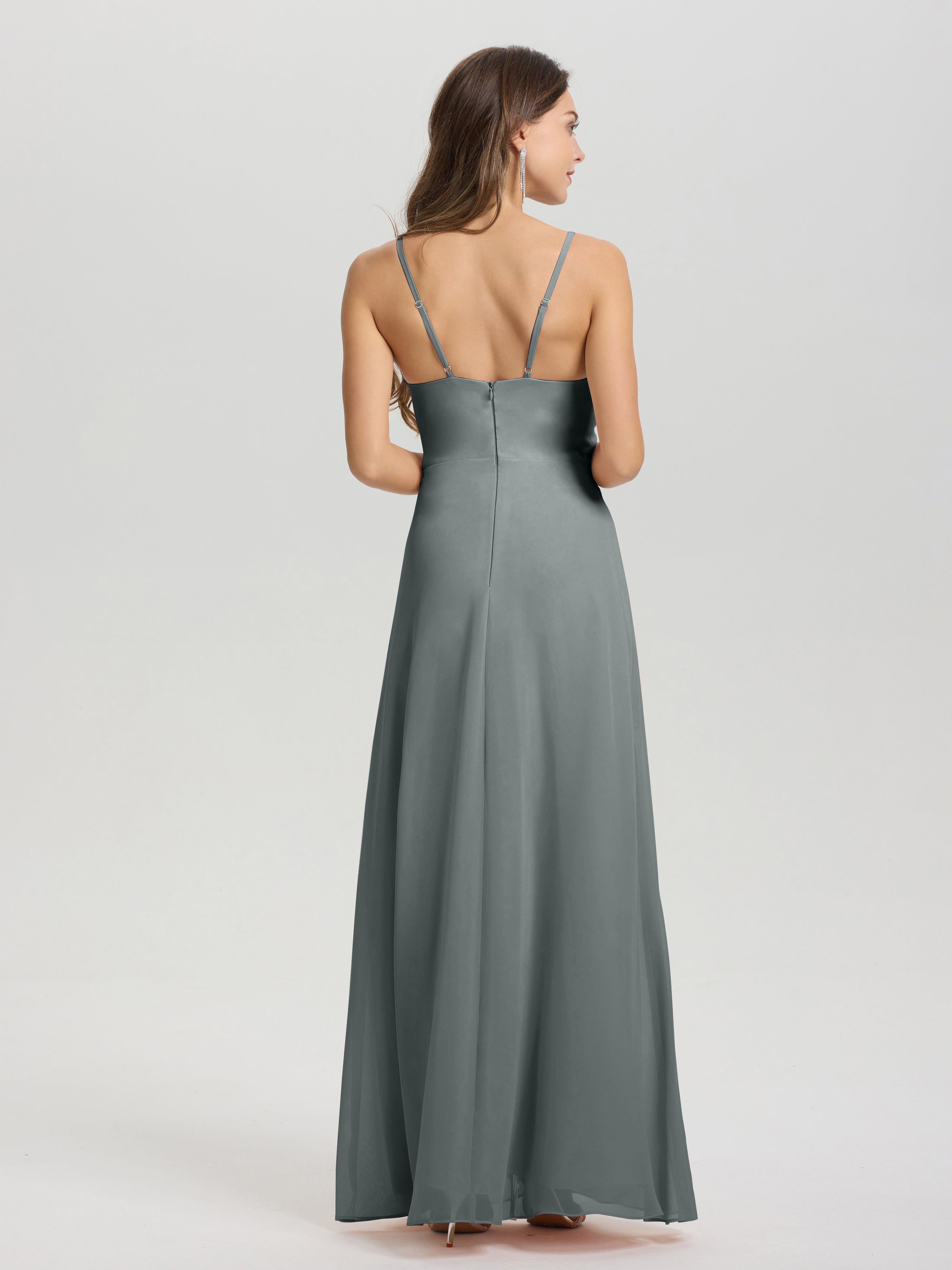 Robe Grise Demoiselle D Honneur Col V Fendue Trapèze Mousseline Robe Demoiselle D'Honneur Avec Plisée Devant