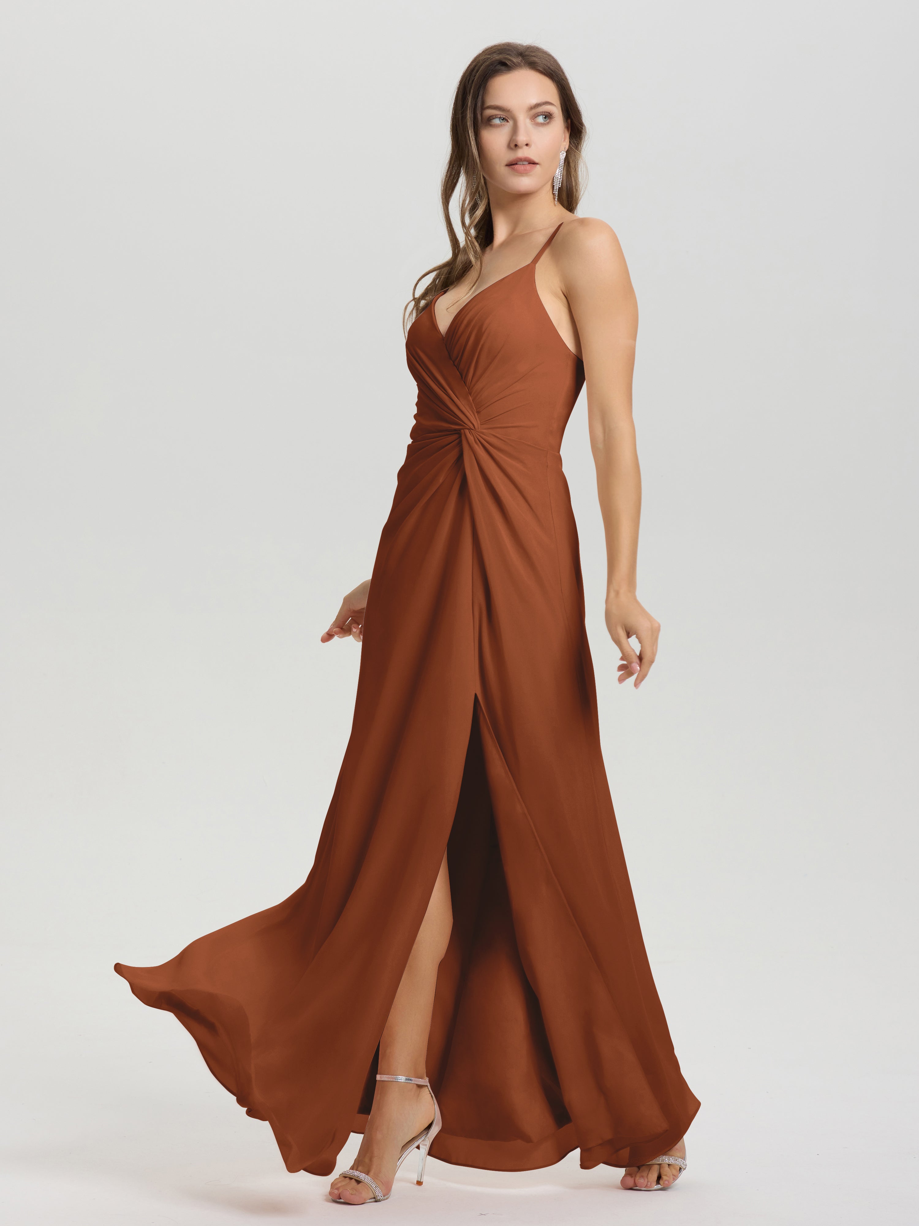 Robes Demoiselle D Honneur Terracotta Col V Fendue Trapèze Mousseline Robe Demoiselle D'Honneur Avec Plisée Devant