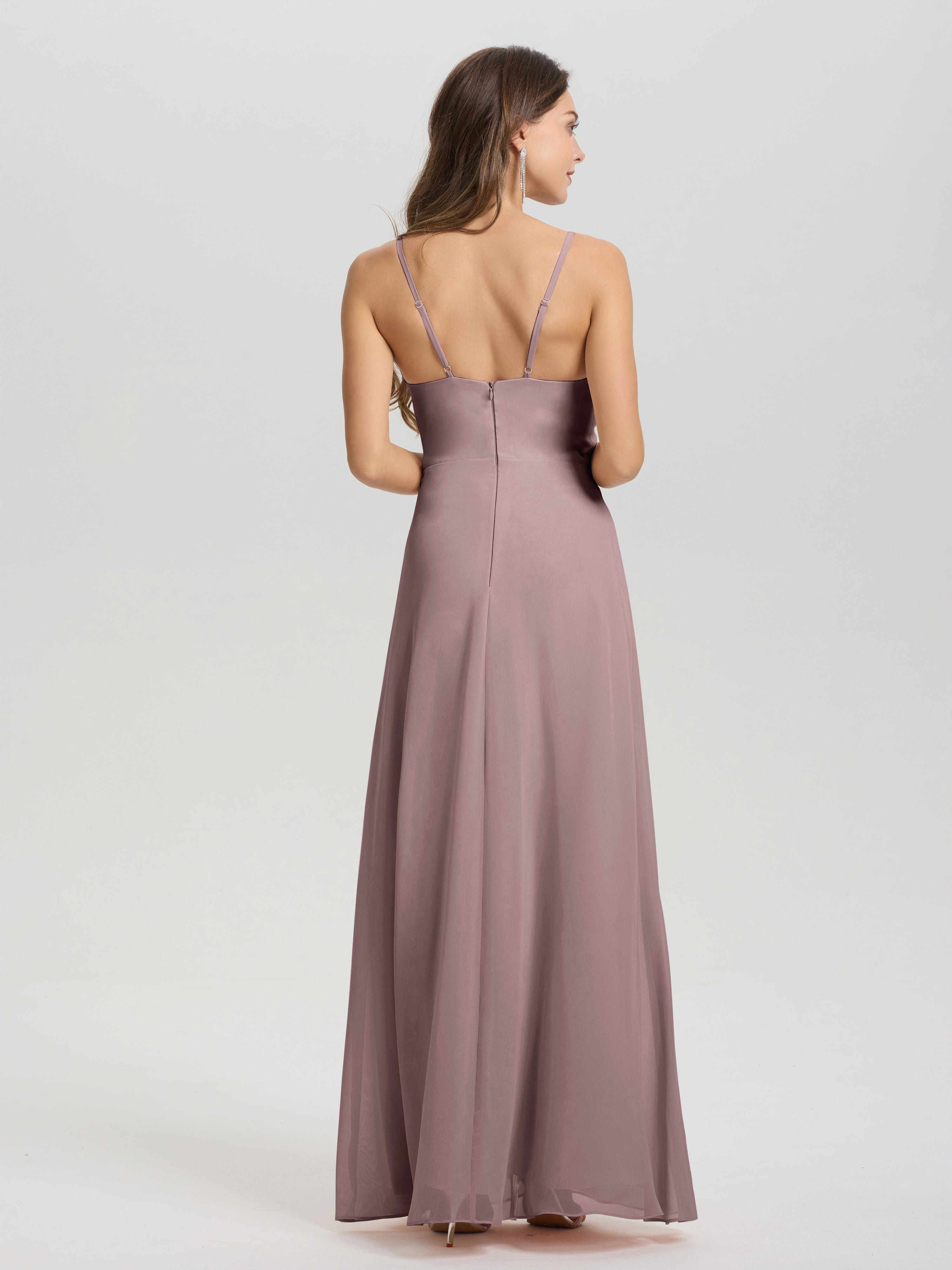 Robes De Demoiselle D'Honneur Vintage Mauve Col V Fendue Trapèze Mousseline Robe Demoiselle D'Honneur Avec Plisée Devant