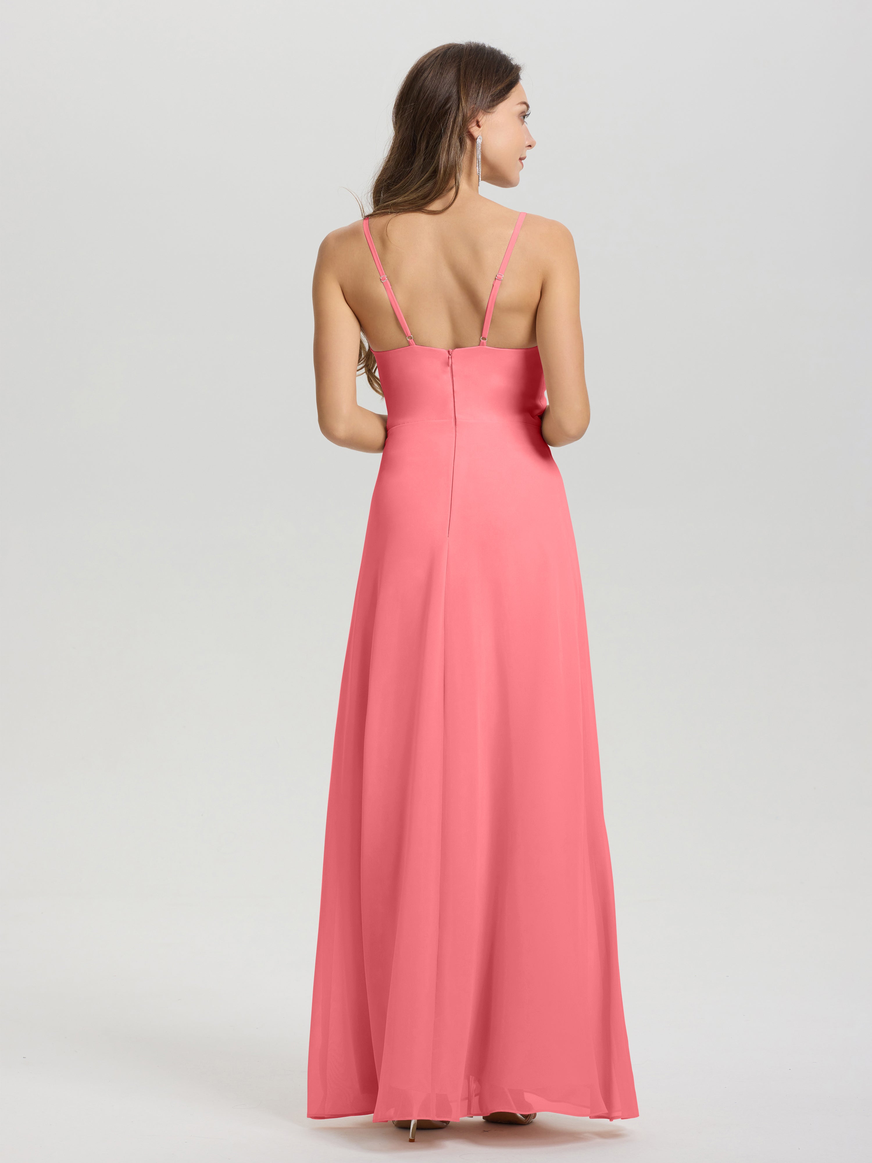 Robes De Demoiselle D'Honneur Pastèque Col V Fendue Trapèze Mousseline Robe Demoiselle D'Honneur Avec Plisée Devant