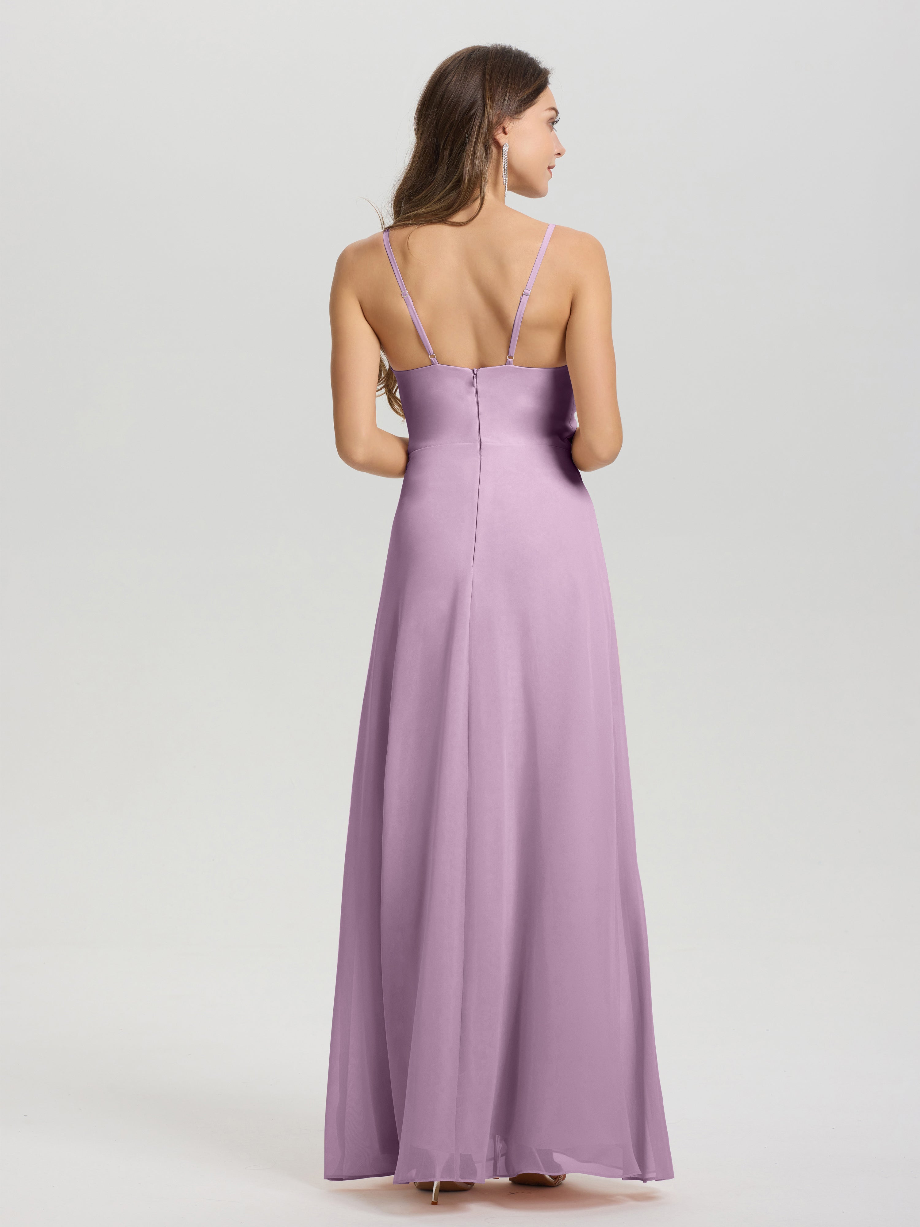 Robes De Demoiselle D'Honneur Glycine Col V Fendue Trapèze Mousseline Robe Demoiselle D'Honneur Avec Plisée Devant