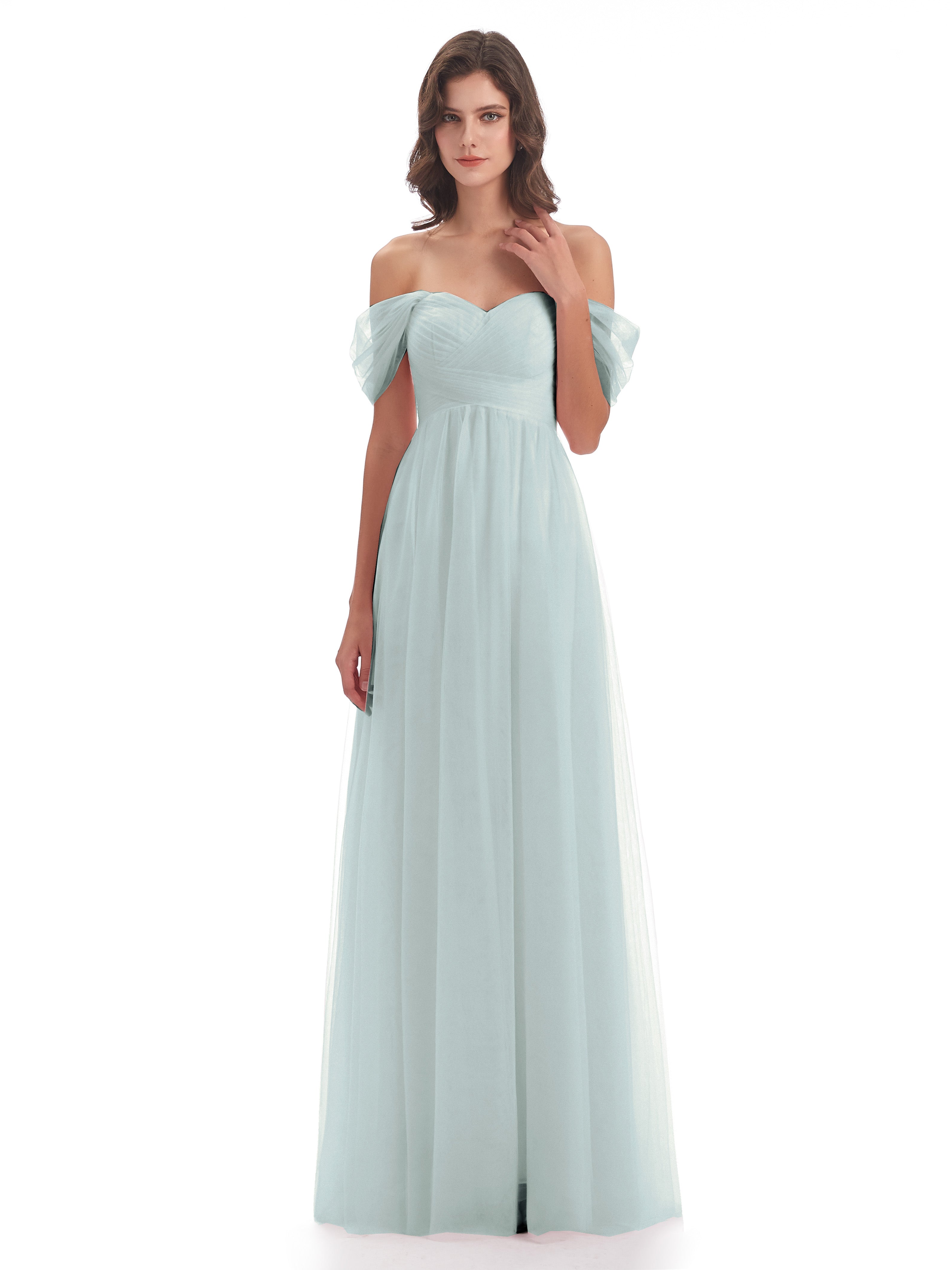 Robe Demoiselle D Honneur Vert Celadon Trapèze Hors-La-Épaule Tulle Longue Robes Demoiselle D'Honneur