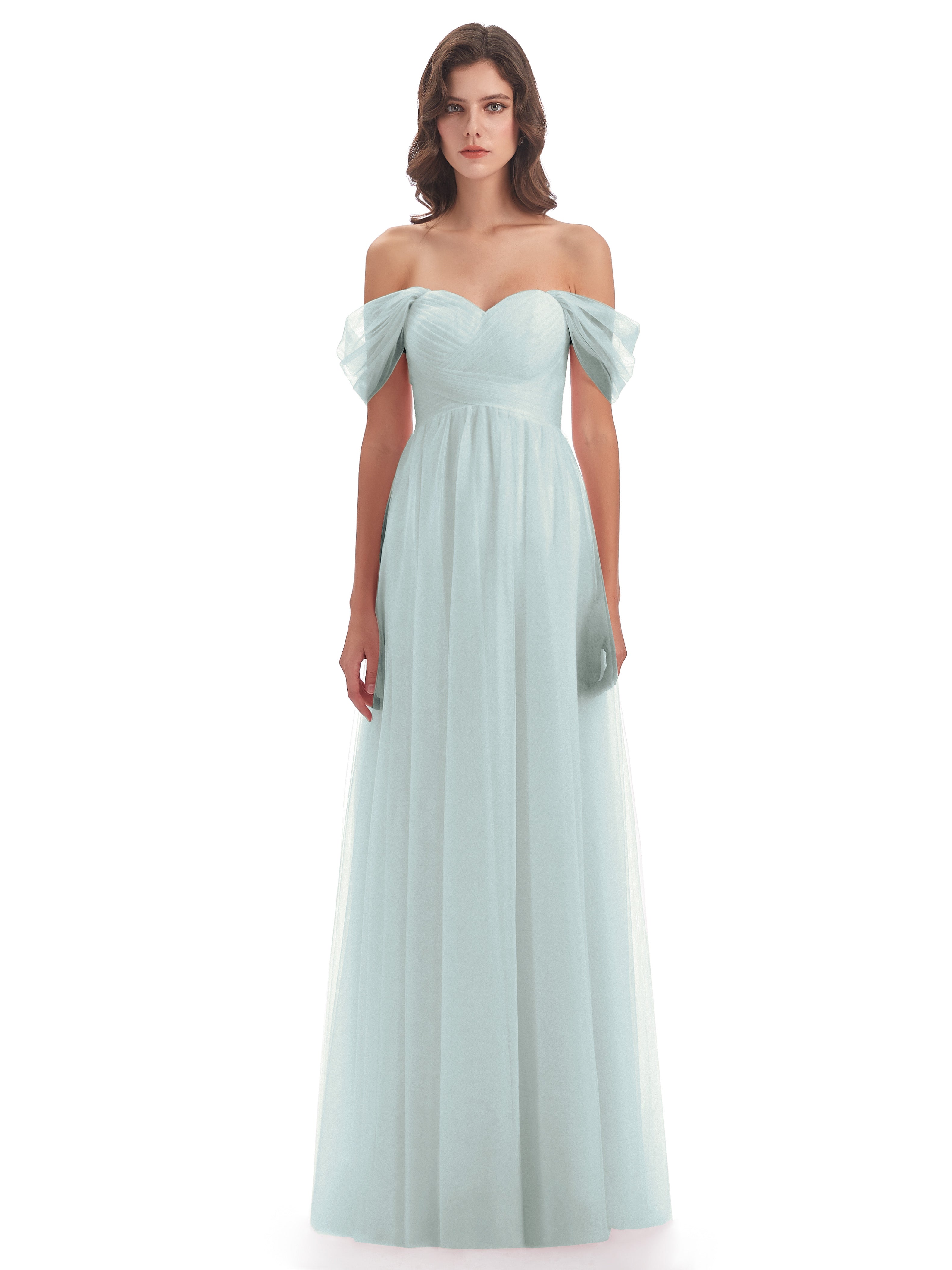 Robe Demoiselle D Honneur Vert Celadon Trapèze Hors-La-Épaule Tulle Longue Robes Demoiselle D'Honneur